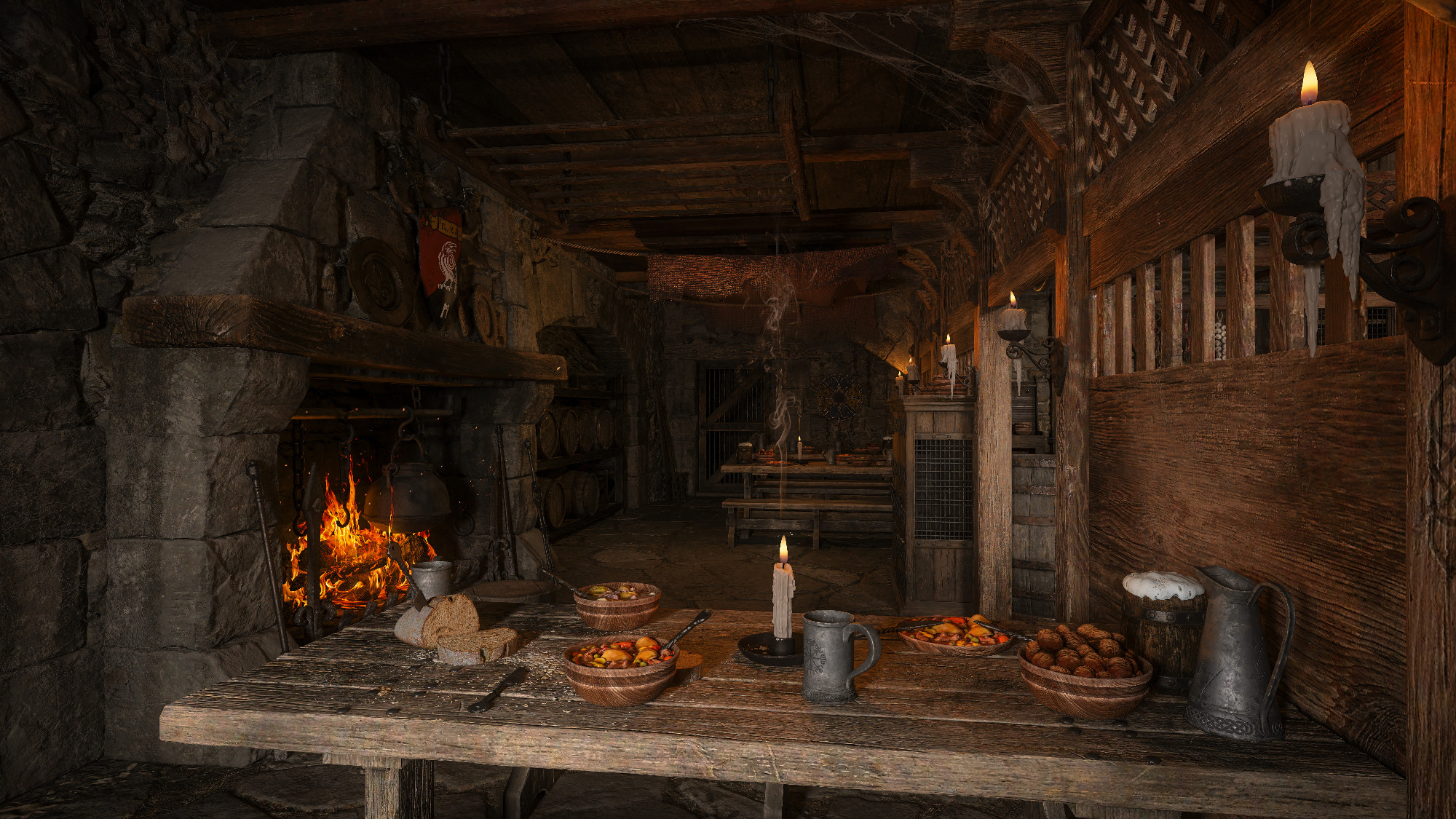 Atmospheric medieval tavern interior with dining table lit by wi
