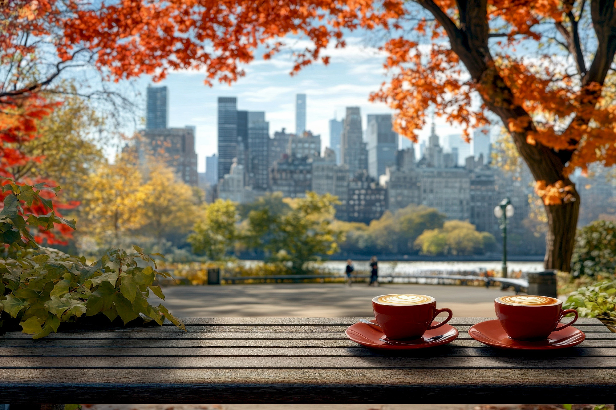 Enjoying coffee in Central Park with autumn colors and city skyl