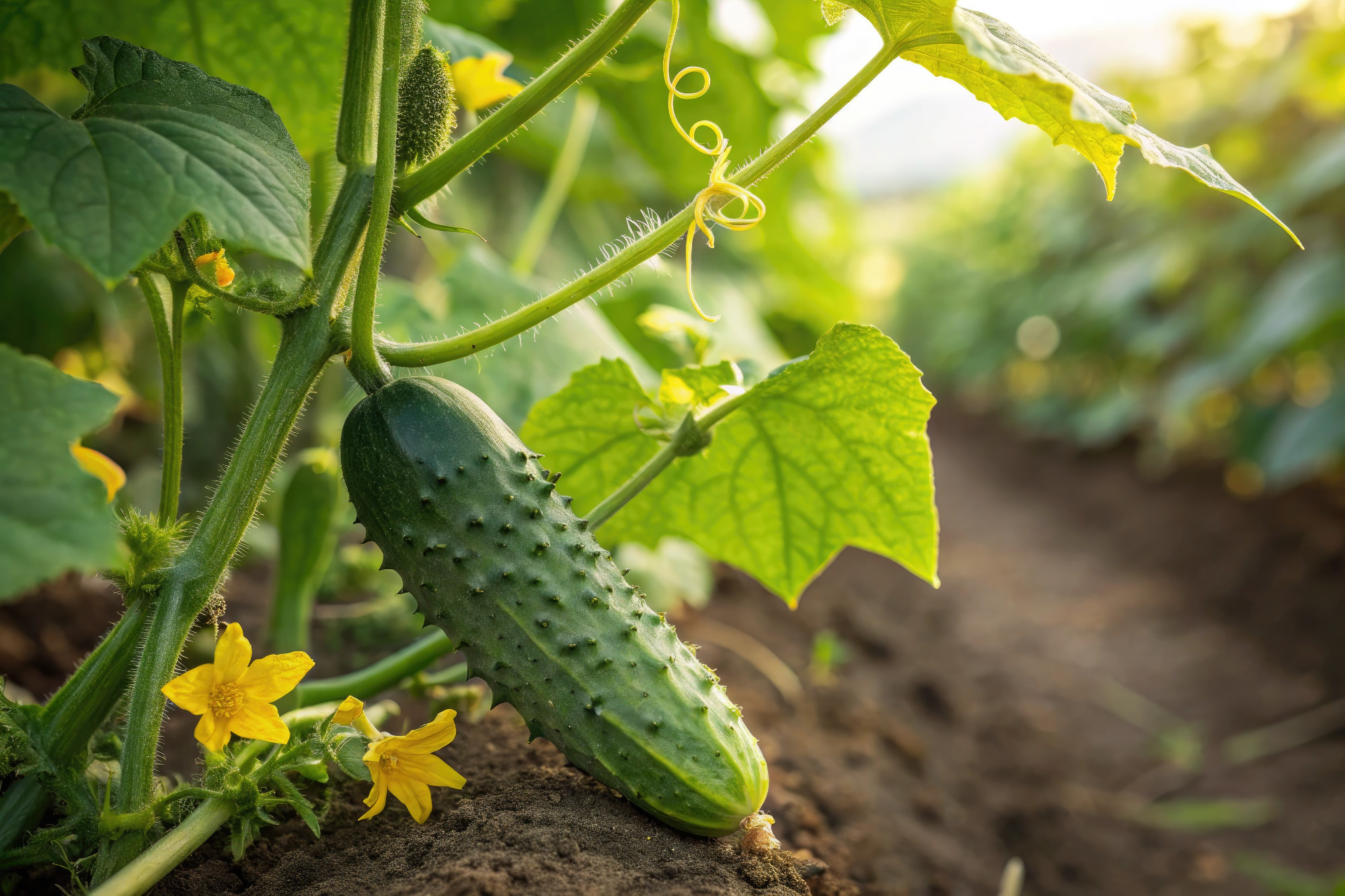 Cucumbers grow on vines in a sunlit garden during the summer season