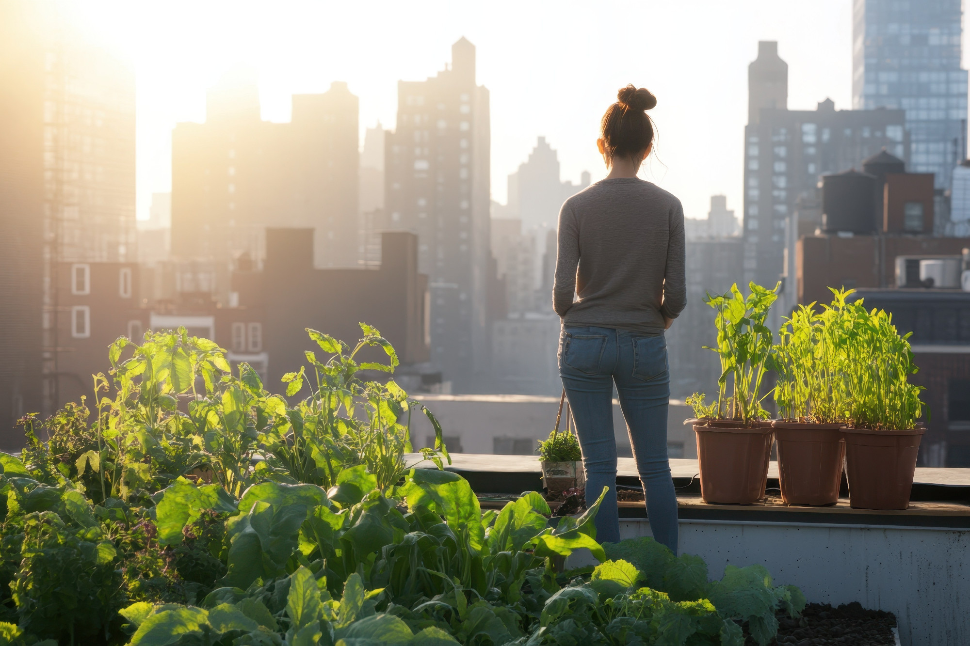 City resident tending to rooftop garden during sunset with skyline in the background