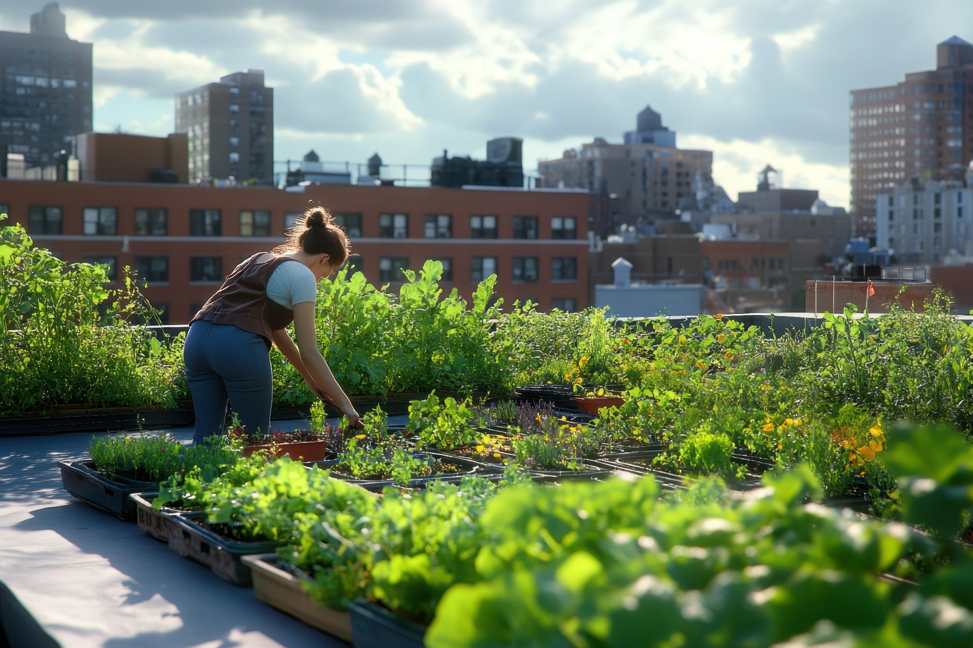 Urban rooftop gardener tending to plants in a vibrant community space during sunset