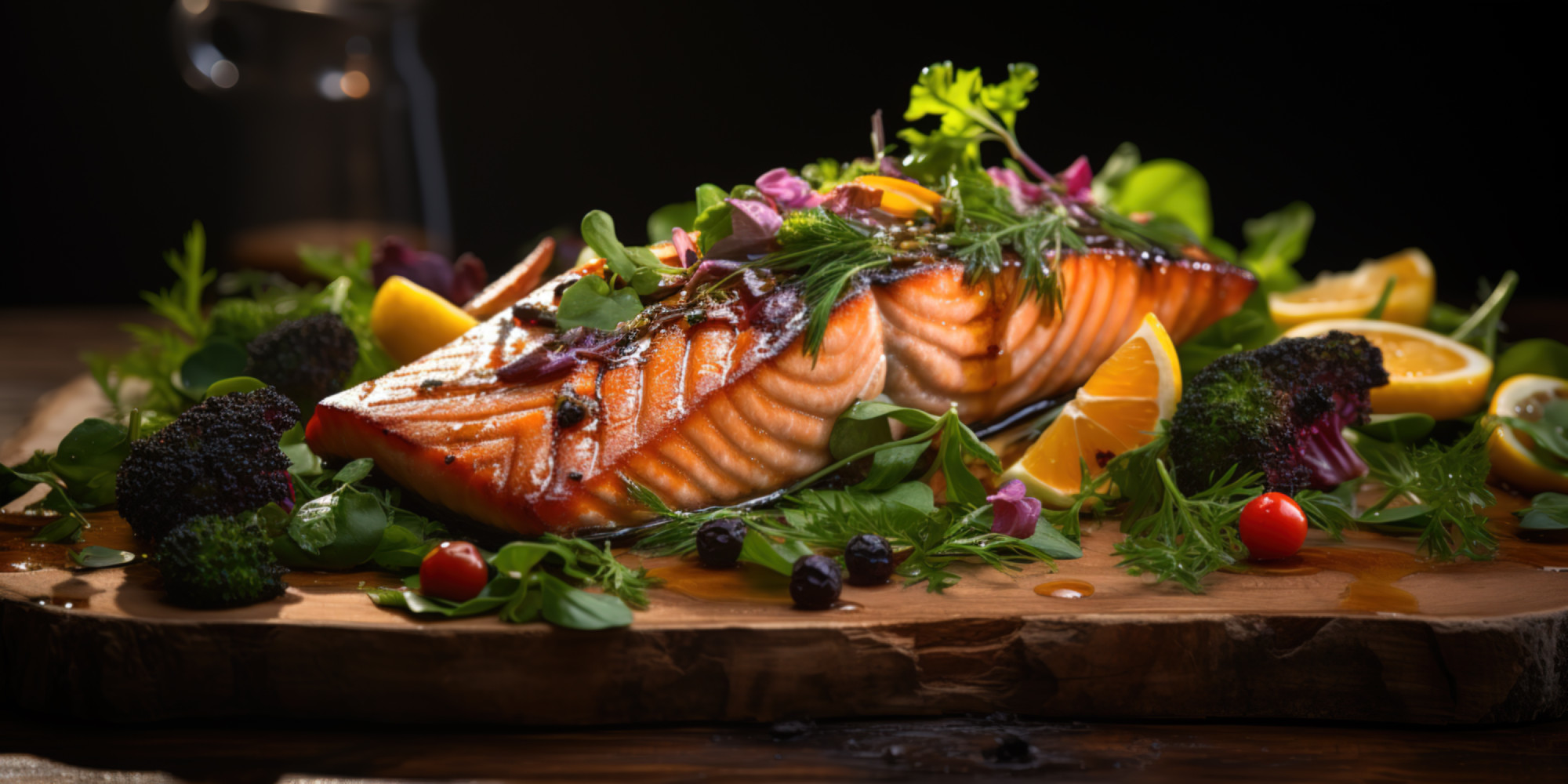 Salmon, Smoky Grilled Delight on wooden plate