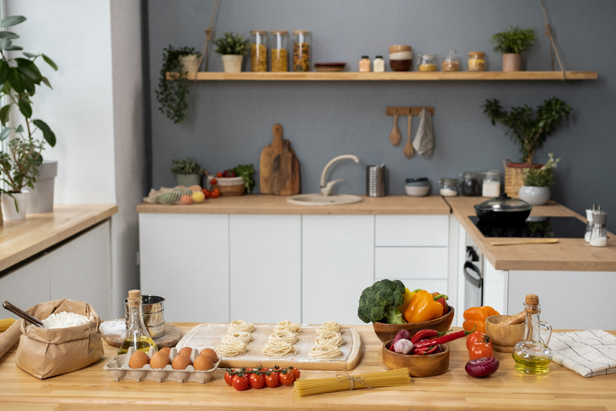 Wooden kitchen table with ingredients for dough and homemade pastry