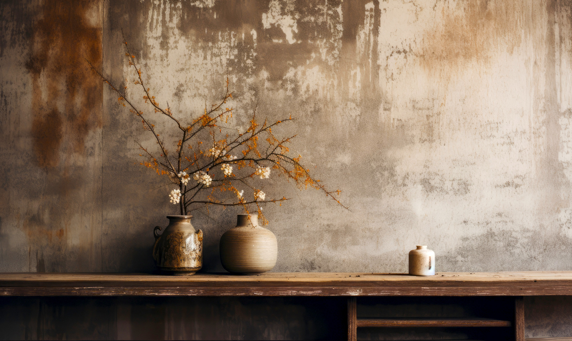 Wabi-sabi interior with vases on a shelf and table, . Created by