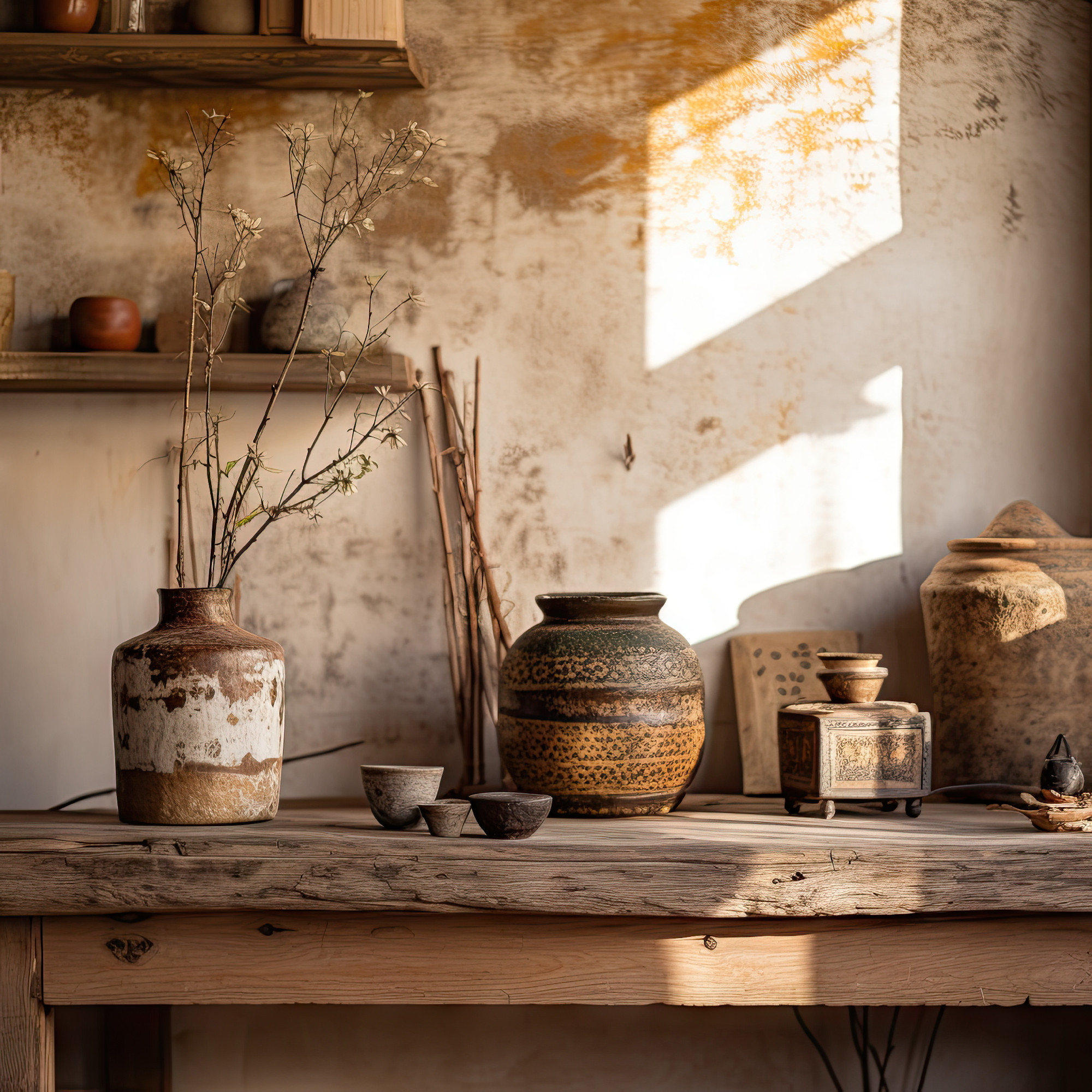 Wabi-sabi interior detail, celebrating beauty in imperfection.