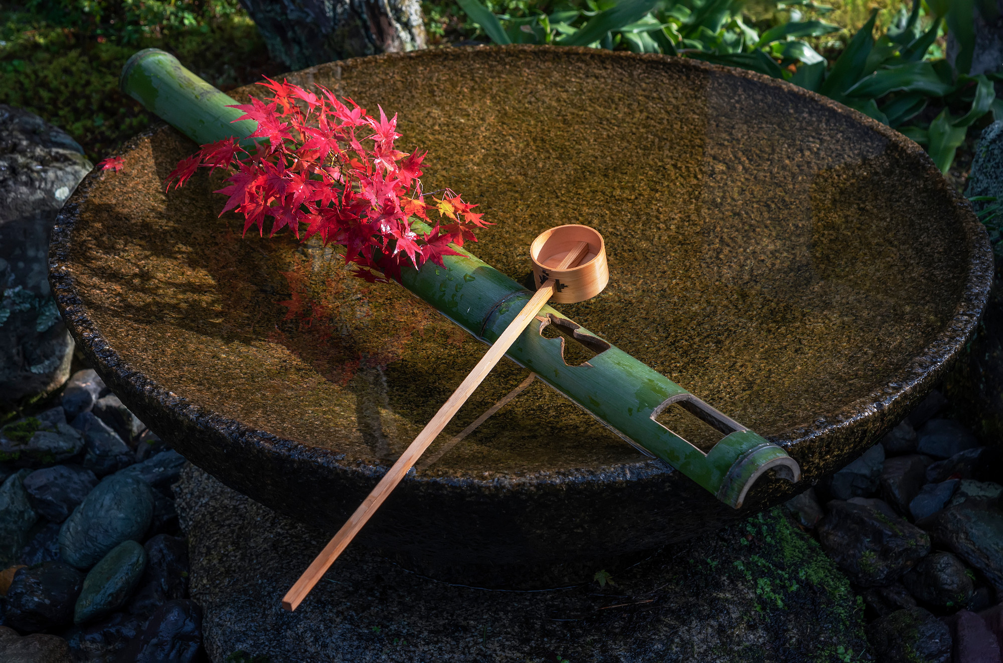 Tsukubai Water Fountain in Japanese Garden in Zuiganzan Enkouji