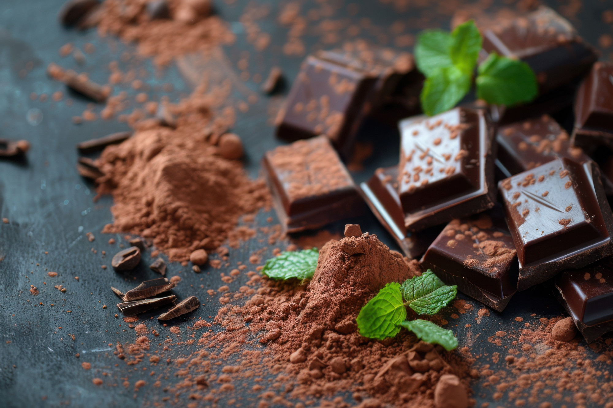 Composition with cocoa powder, chocolate, and mint on a dark background.