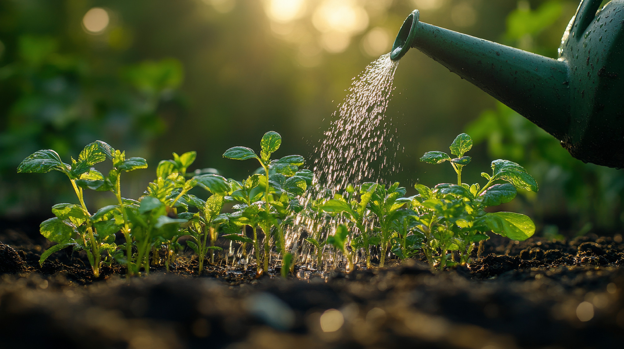 Gardening enthusiast watering plants in a home garden during sunny afternoon