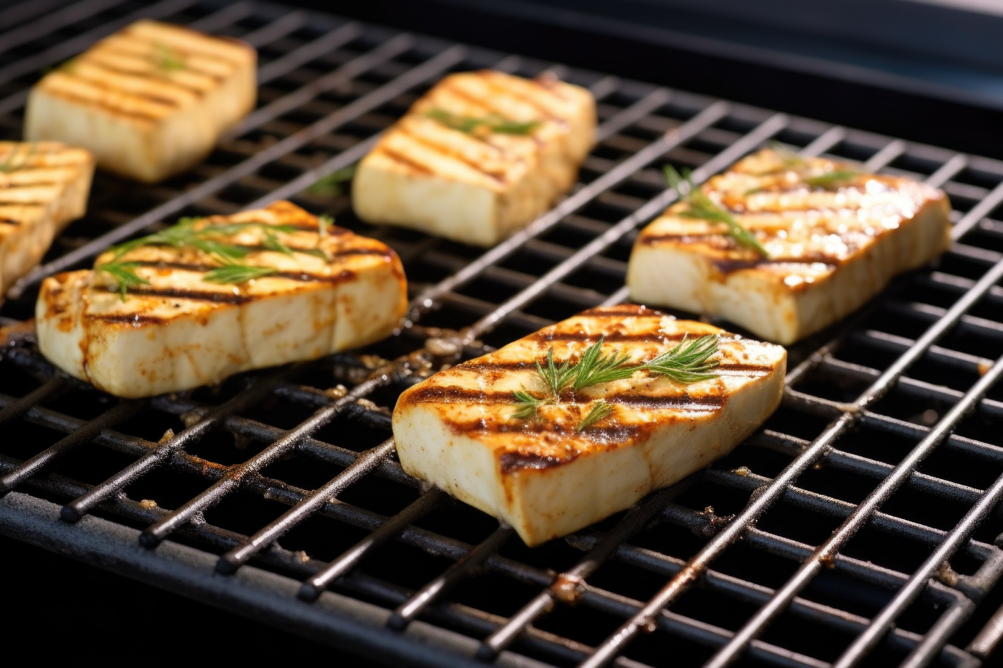 tofu steaks on a stainless steel grill rack