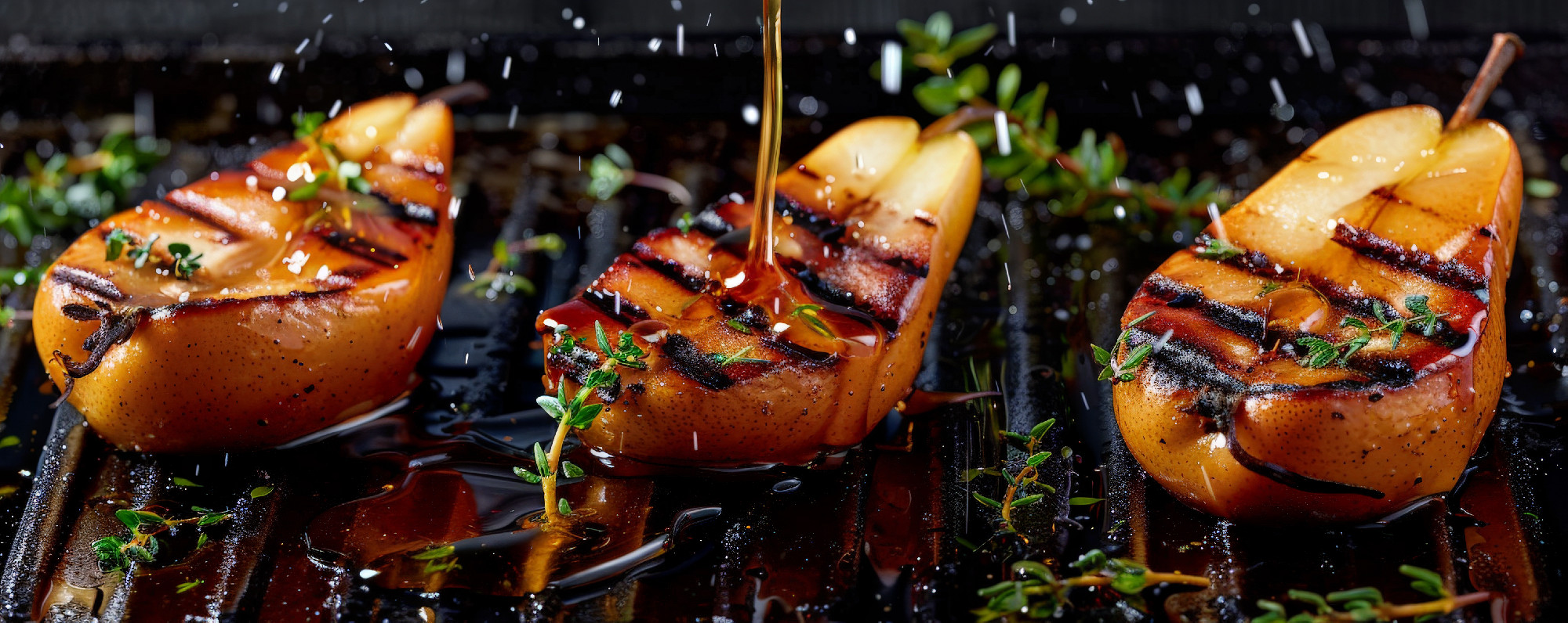 Grilled pears with caramelized surfaces, with a drizzle of honey, garnished with fresh thyme and a