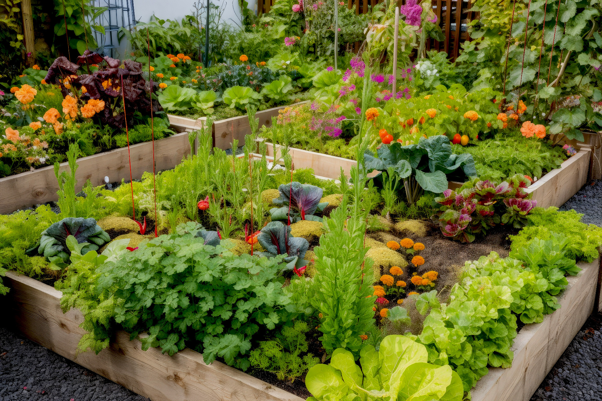 a colourful flower bed with various vegetables and herbs growing