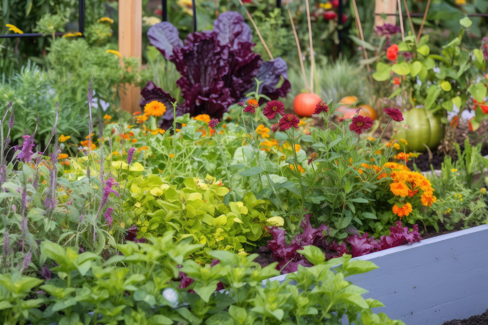 close-up of colorful vegetable garden, with herbs and flowers in the background