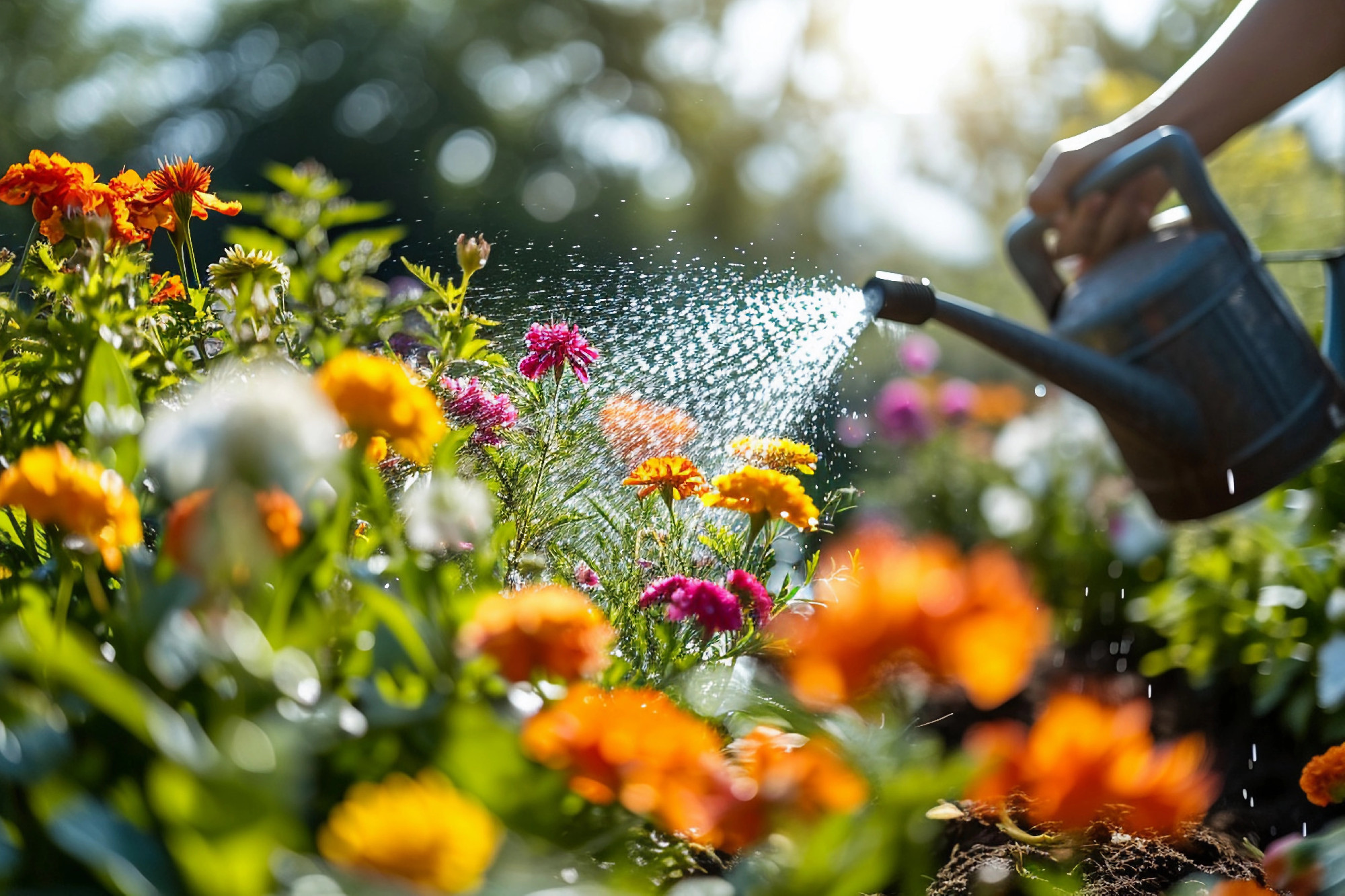 gardener watering flowers in the garden with a hose, sunny day
