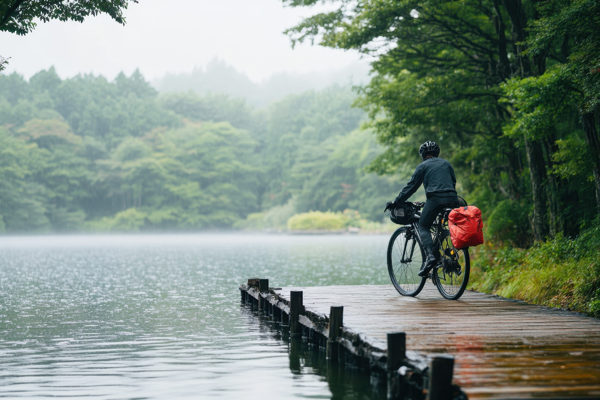 Bicyclist enjoying a serene ride by the lake on a rainy day