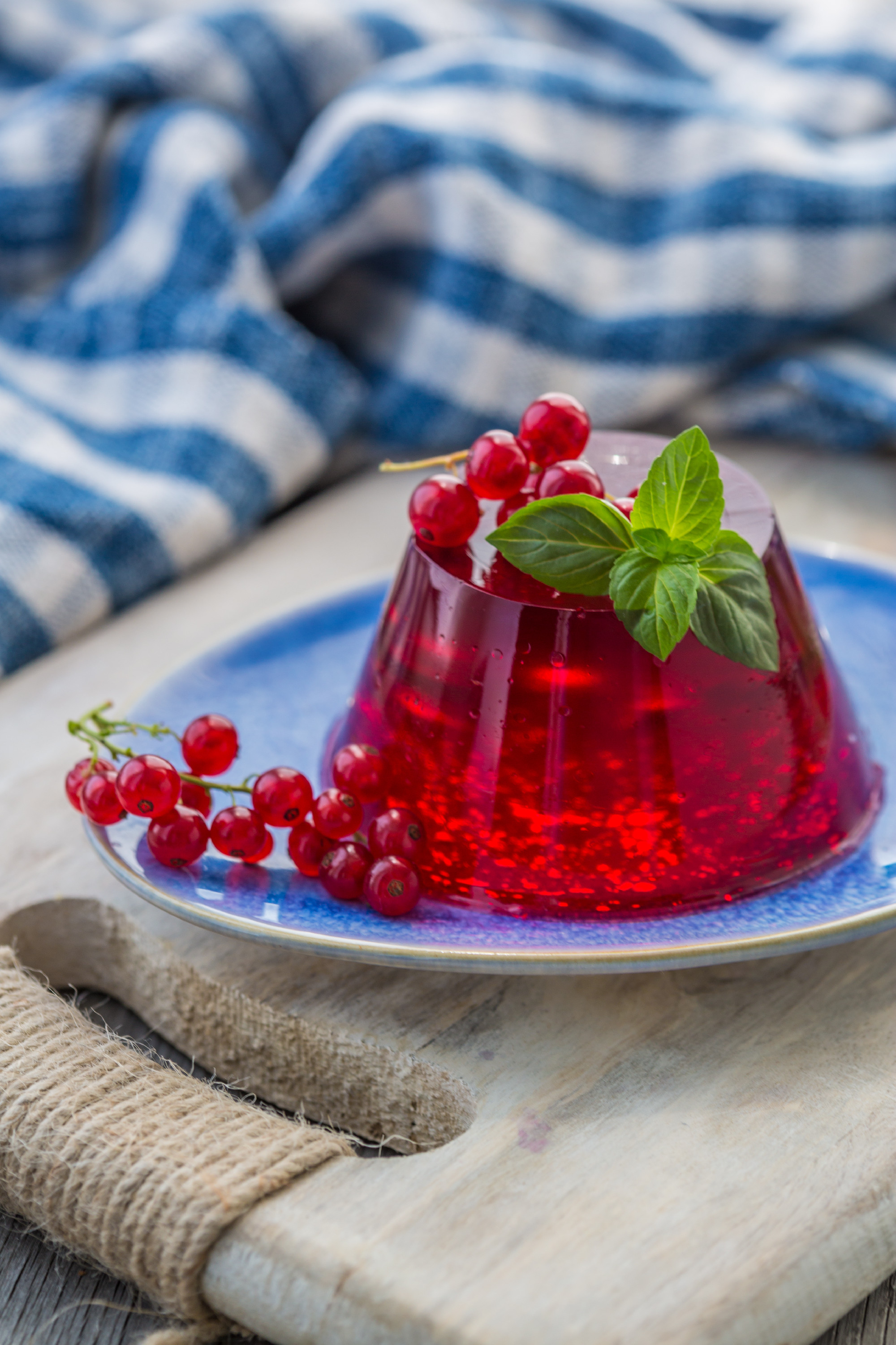 Photo of summer Jelly Dessert with red currant. Garnished with a sprig of fresh basil on light background.