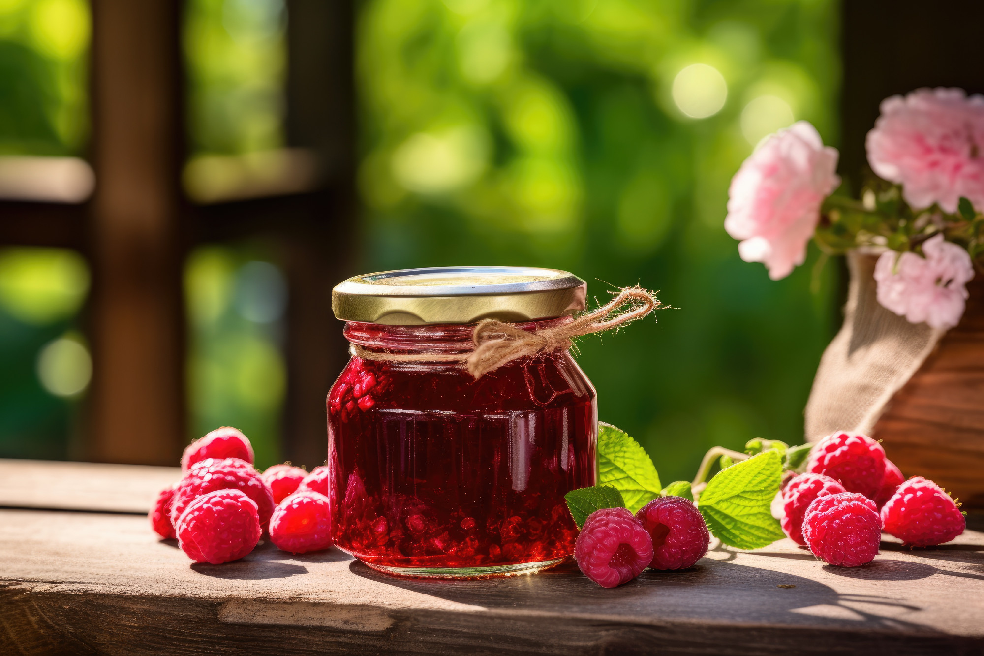 Raspberry jam in jar on wooden table