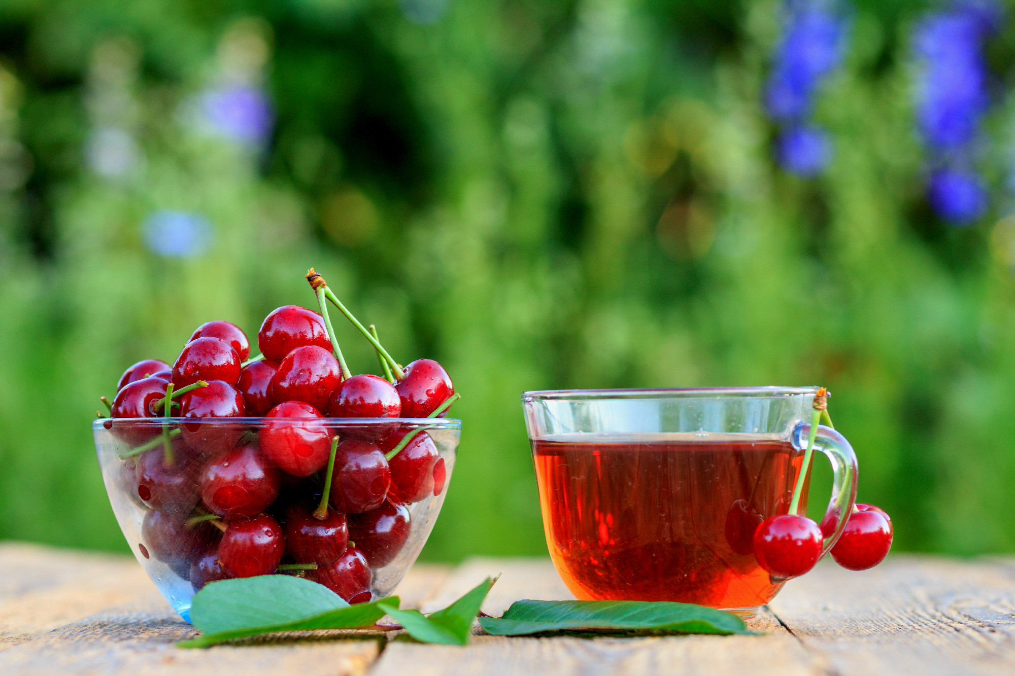Red ripe cherry fruits with peduncles in glass bowl and cup of t
