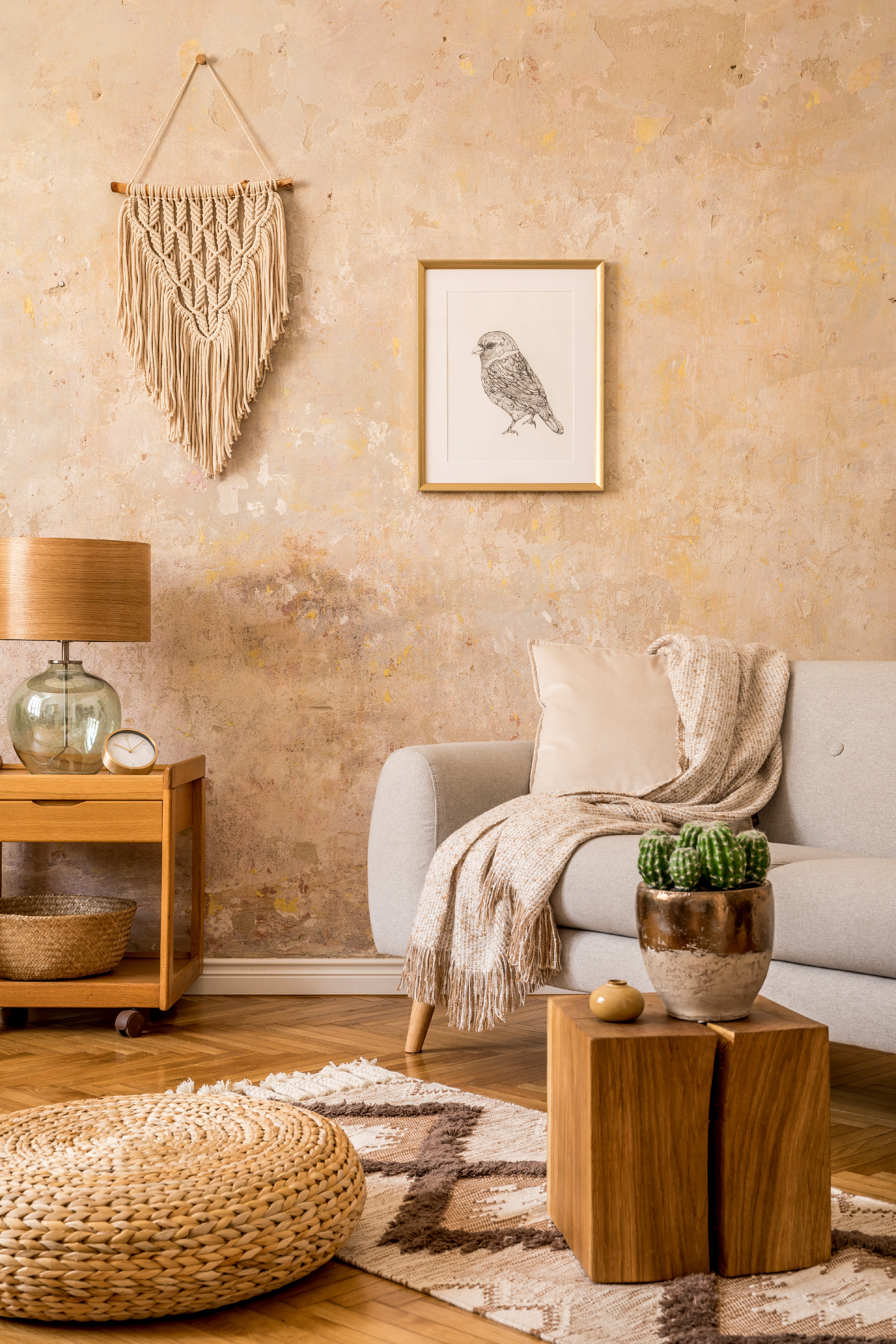 Stylish scandi compostion at living room interior with design gr