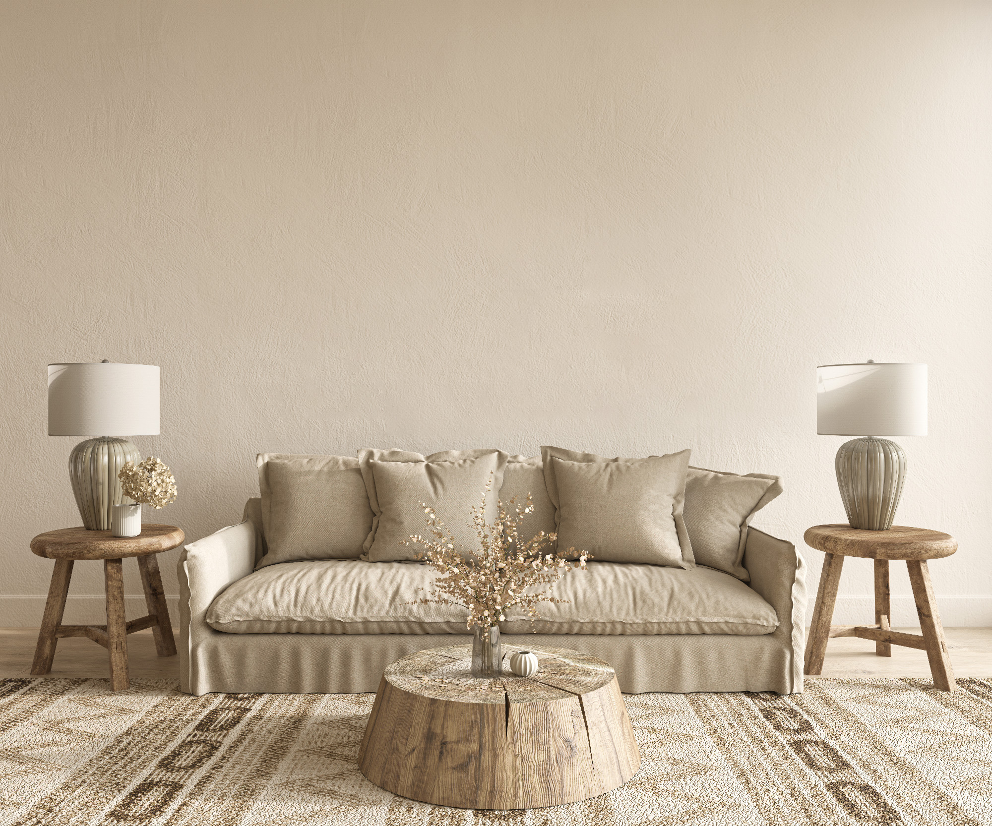 Living room scandinavian style. Mock up poster frame in modern interior background. 3d render illustration.