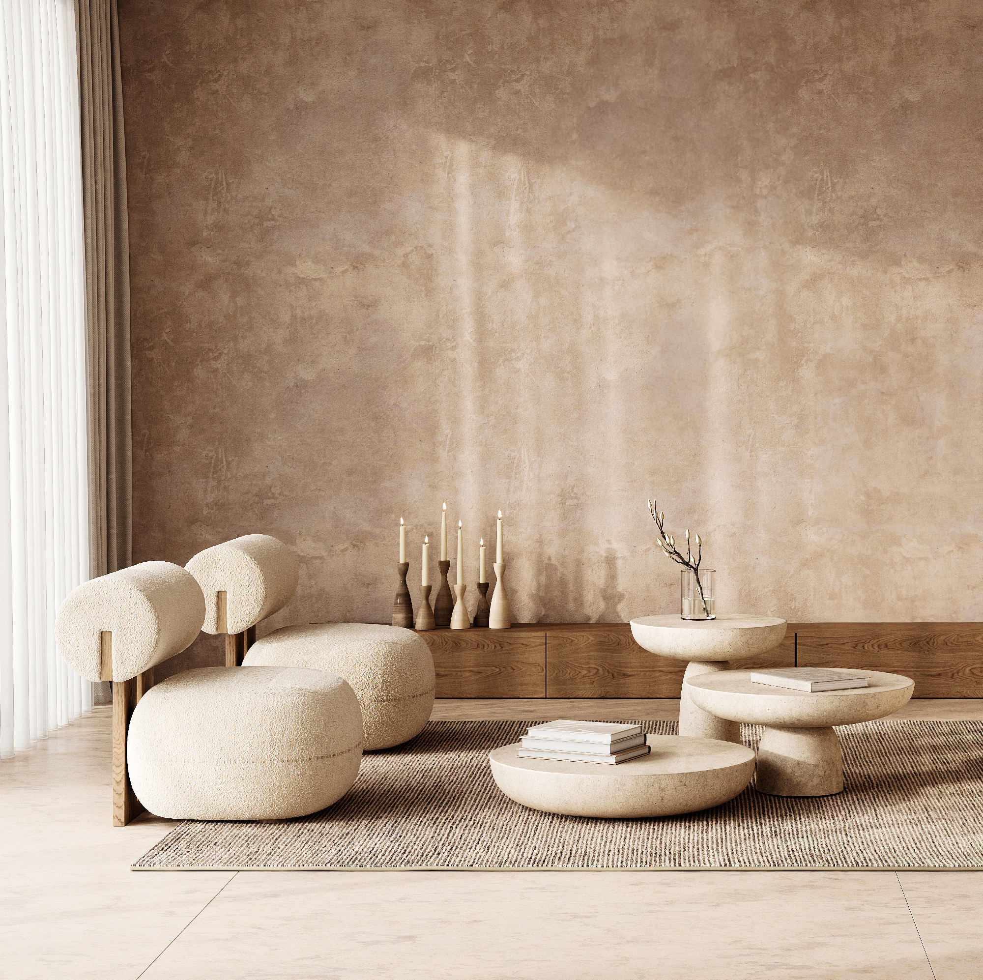 Elegant scandinavian room with textured cream sofas and refined natural accents. 3d render