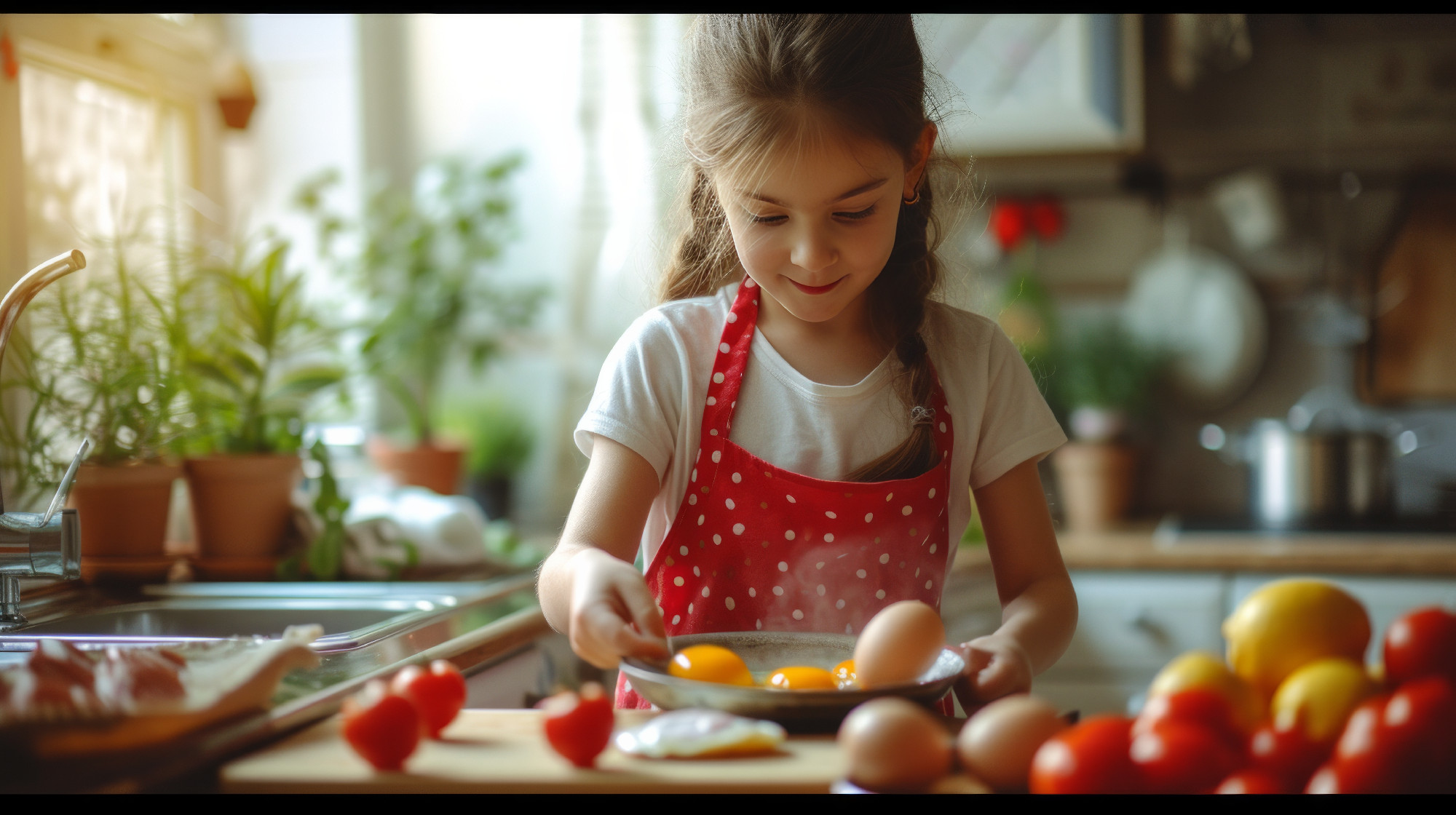 A girl in a red apron prepares fried eggs in the kitchen in the