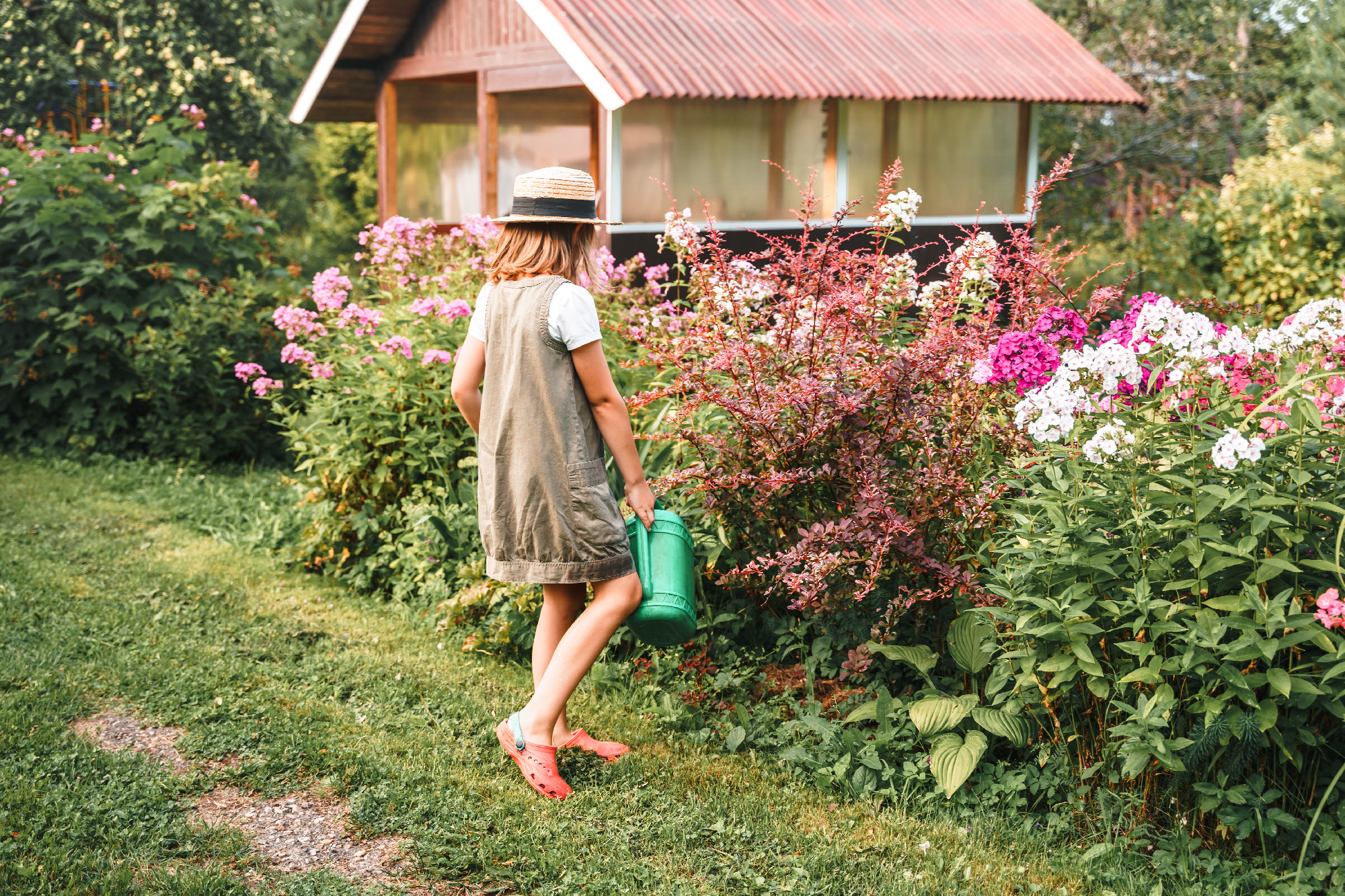Farmer girl in summer straw hat. Little gardener farming, watering flowerbed with pink flowers, having fun in garden. Big green watering can water. Harvest help work. Cultivation plants, countryside
