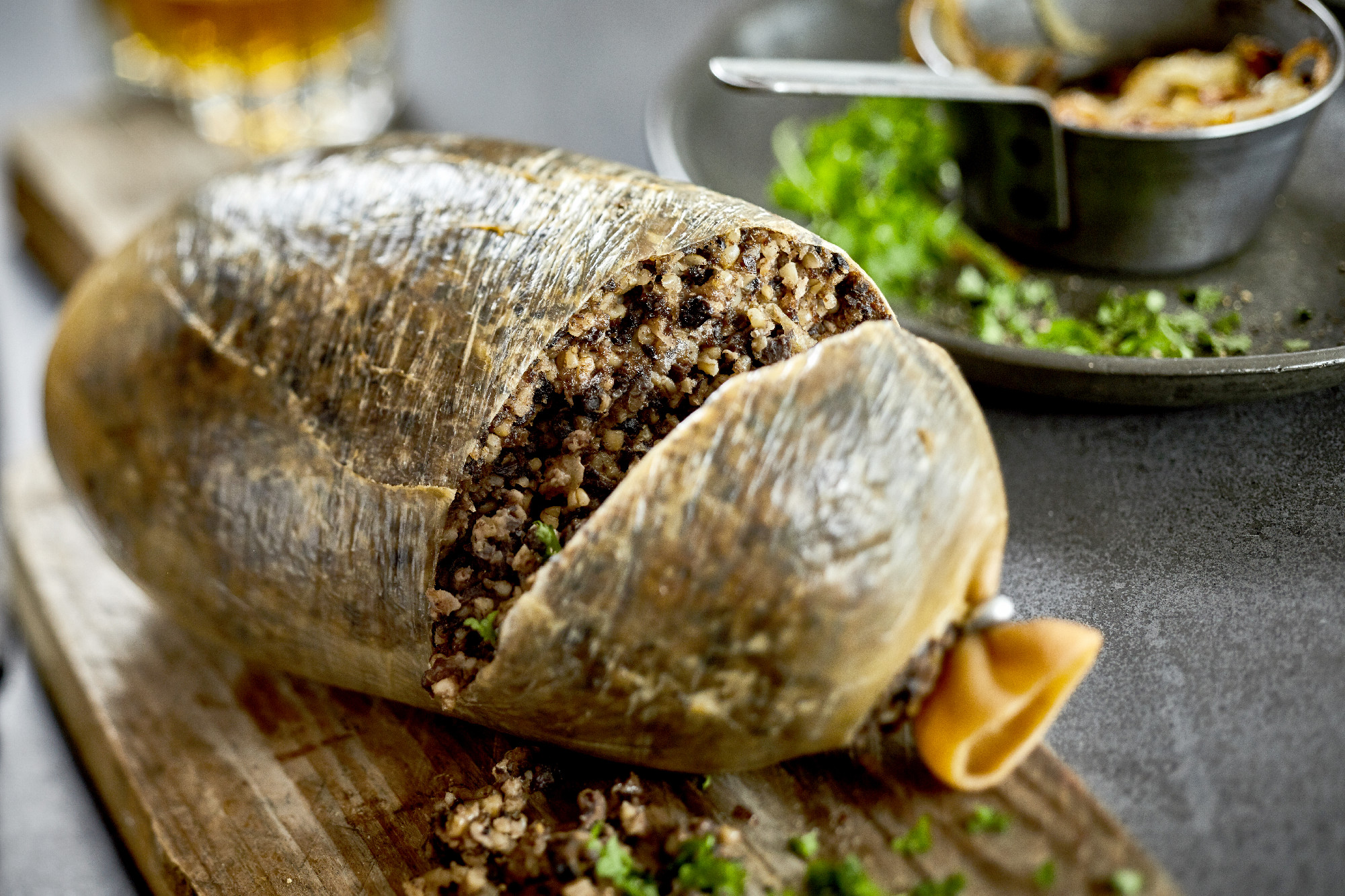 Traditional cooked Scottish haggis with herbs