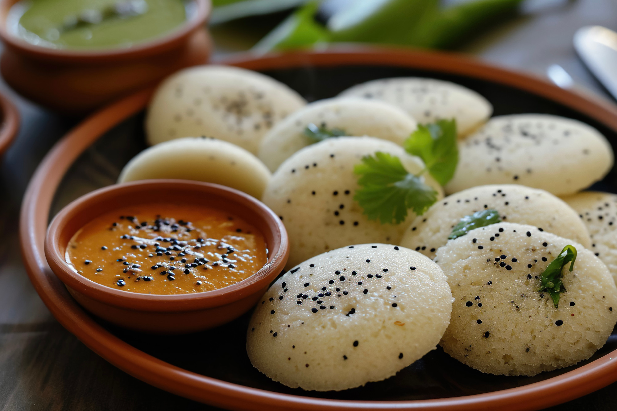 A plate of idli, a savory cake made by steaming a batter consisting of fermented black lentils and rice. It is a staple food in South Indian cuisine