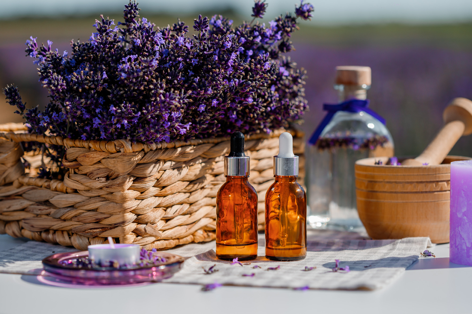 Dropper bottle with lavender cosmetic oil or hydrolate against l