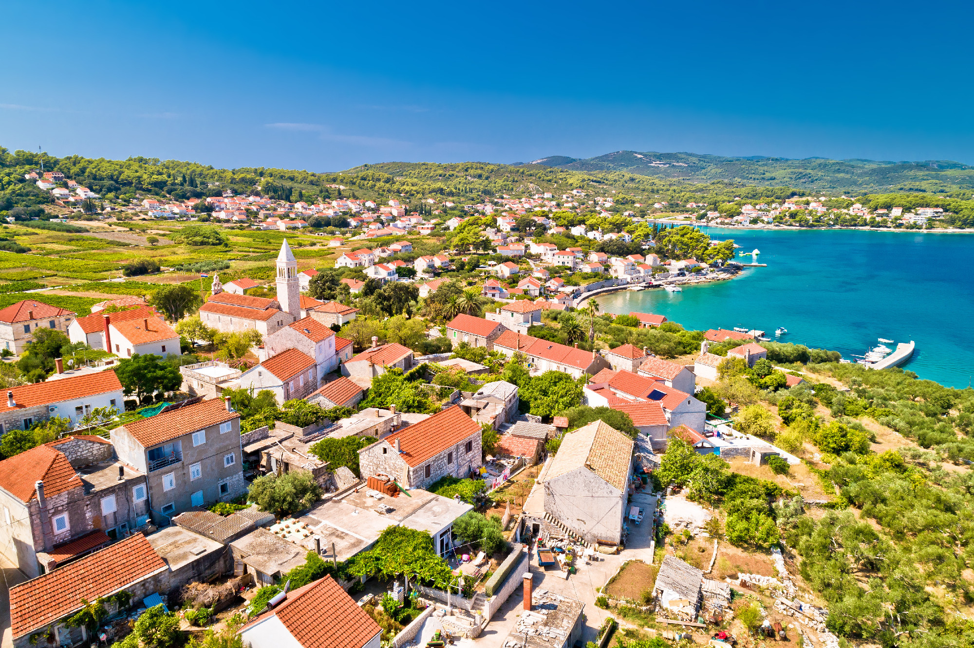 Lumbarda. Korcula island vllage of Lumbarda archipelago aerial v