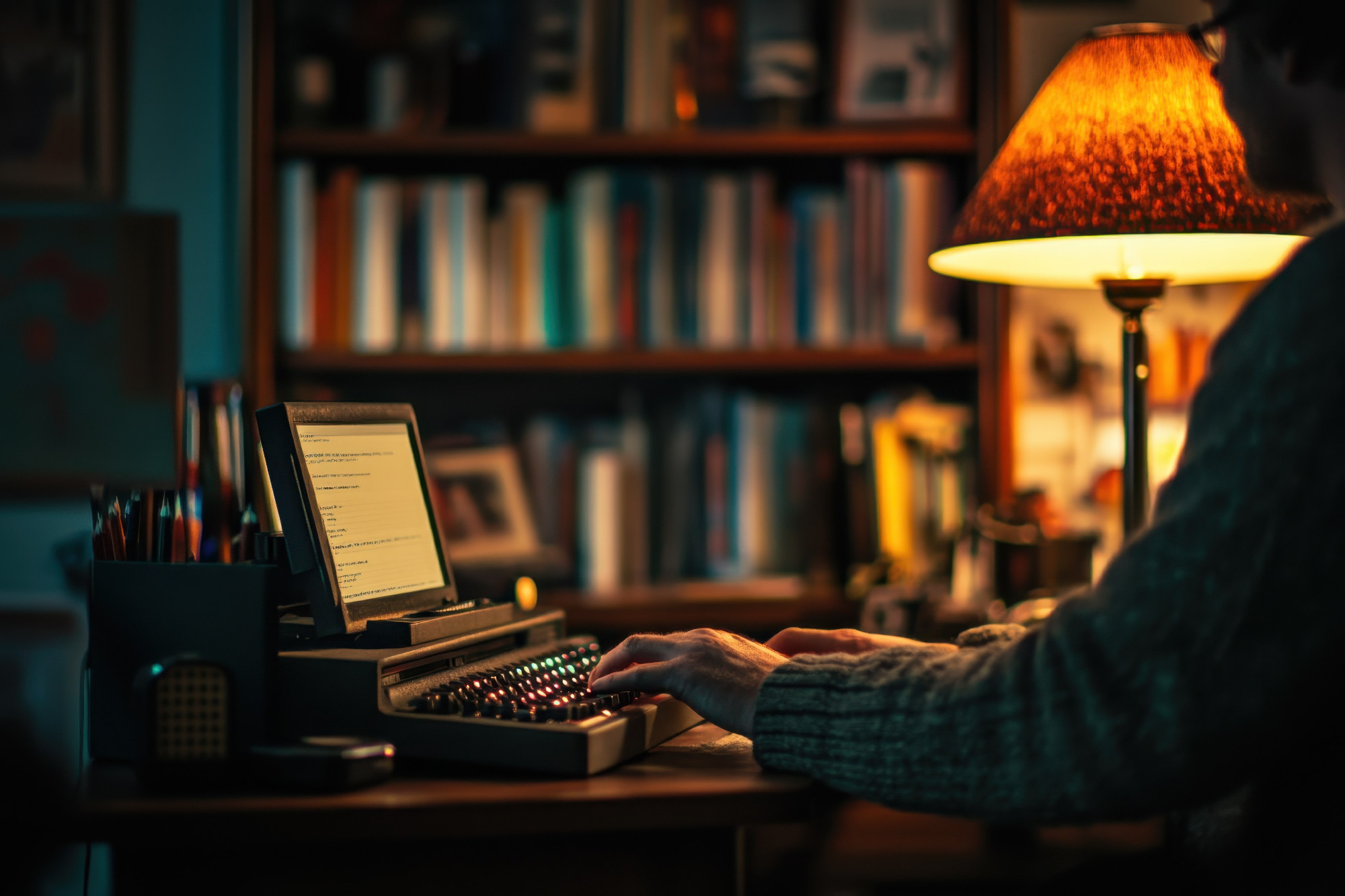 Writer creating documents late at night in a cozy home office with warm lamp light