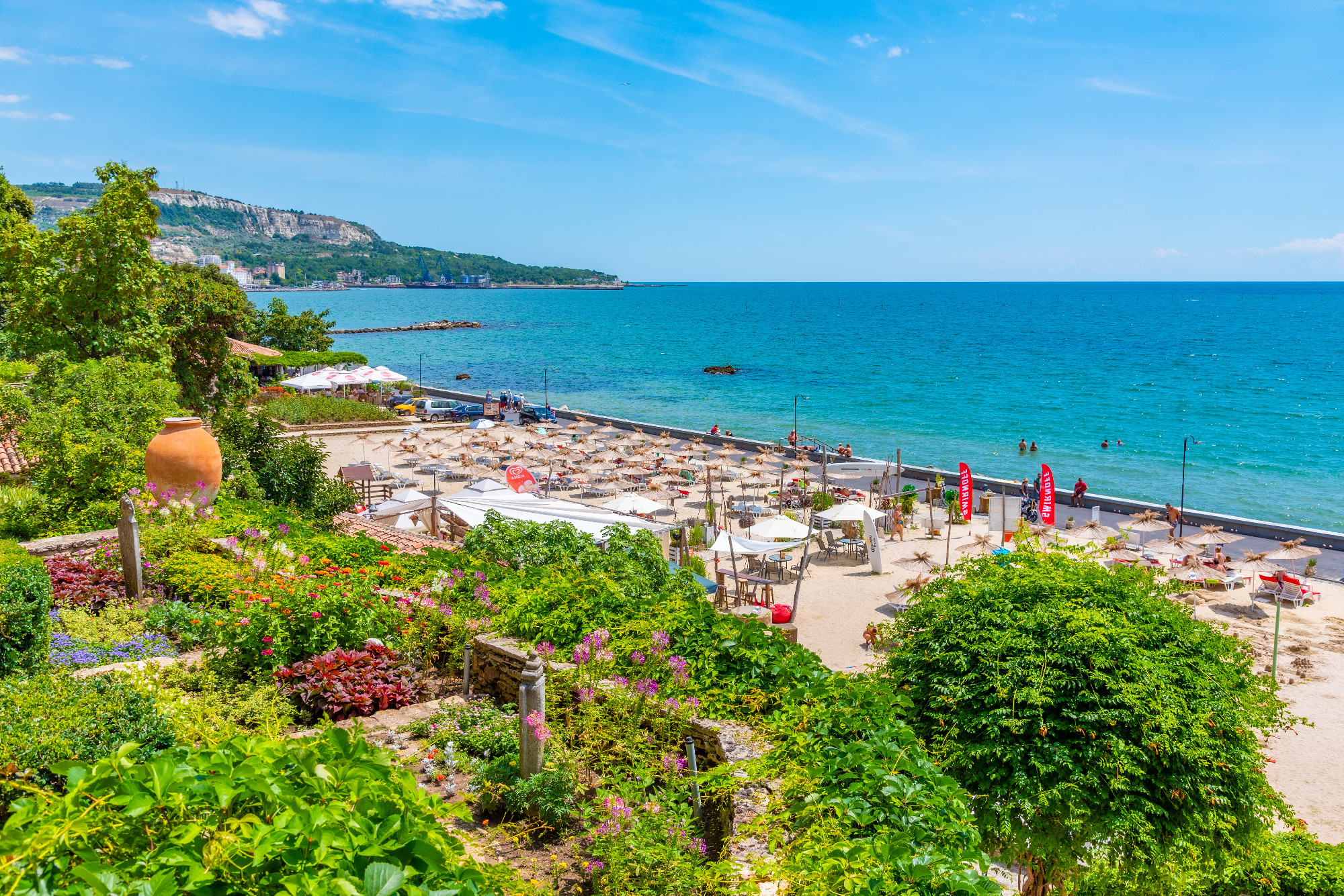 BALCHIK, BULGARIA, JULY 13, 2019: People are enjoying a sunny da