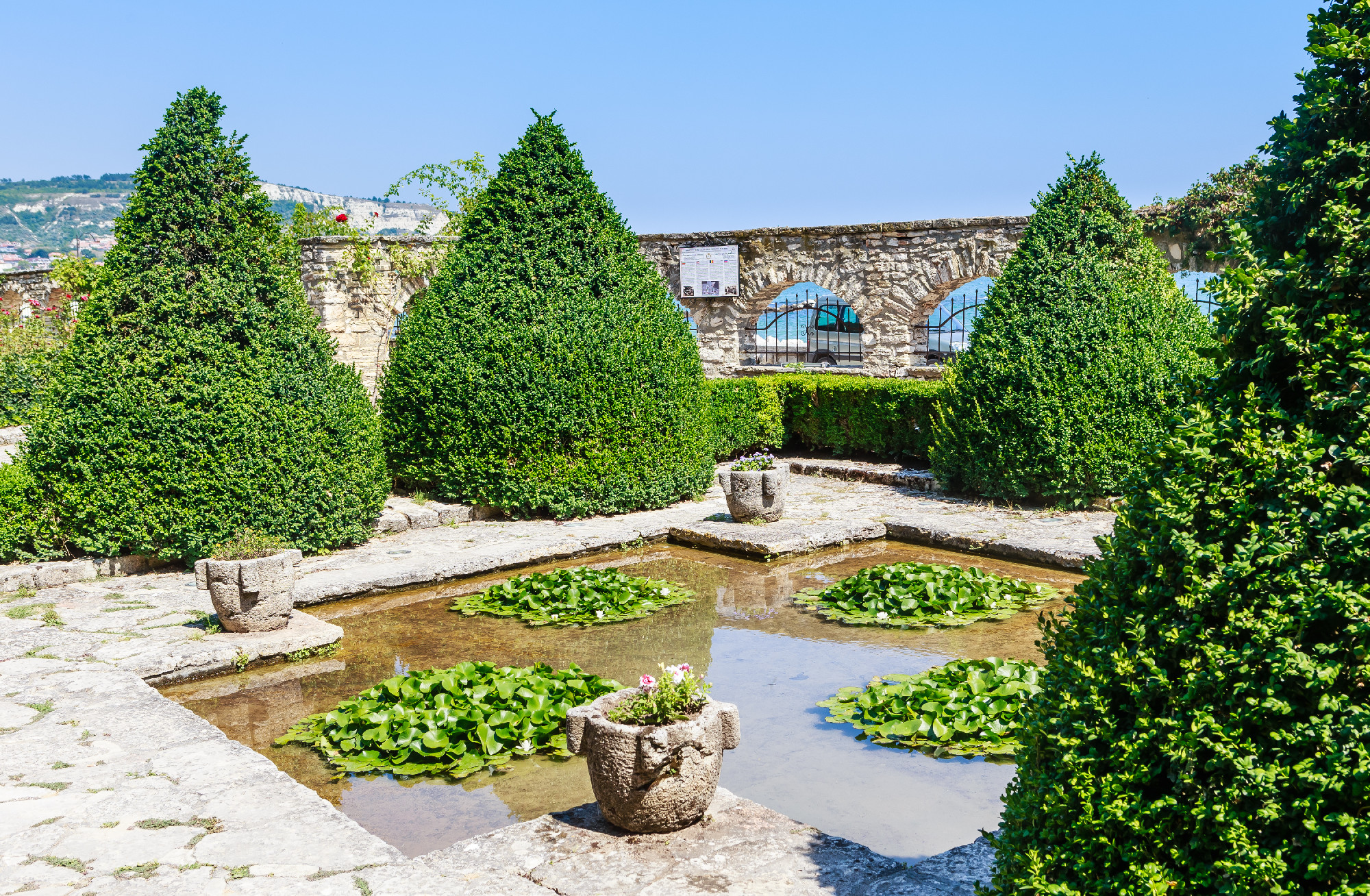 Pond with white lilies. Botanical Garden in Balchik. The territo