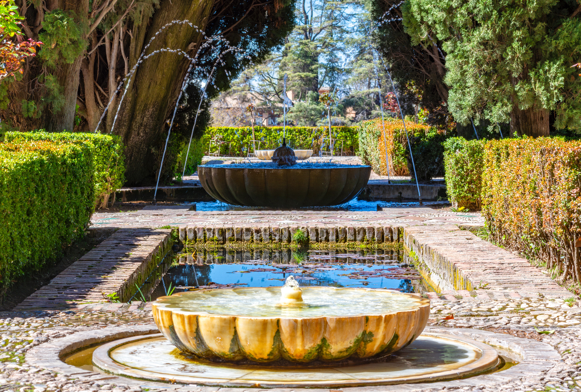 Fountains in Generalife gardens at Alhambra, Granada, Spain