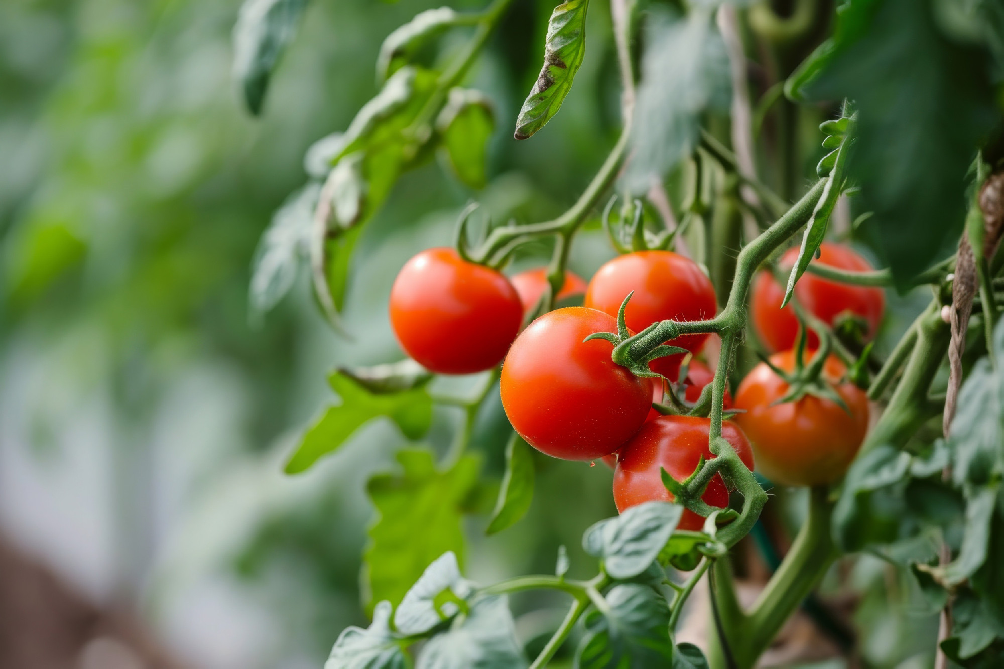 Red tomatoes on a branch in a greenhouse closeup Ripe red tomatoes growing on a branch in a greenhouse, AI generated