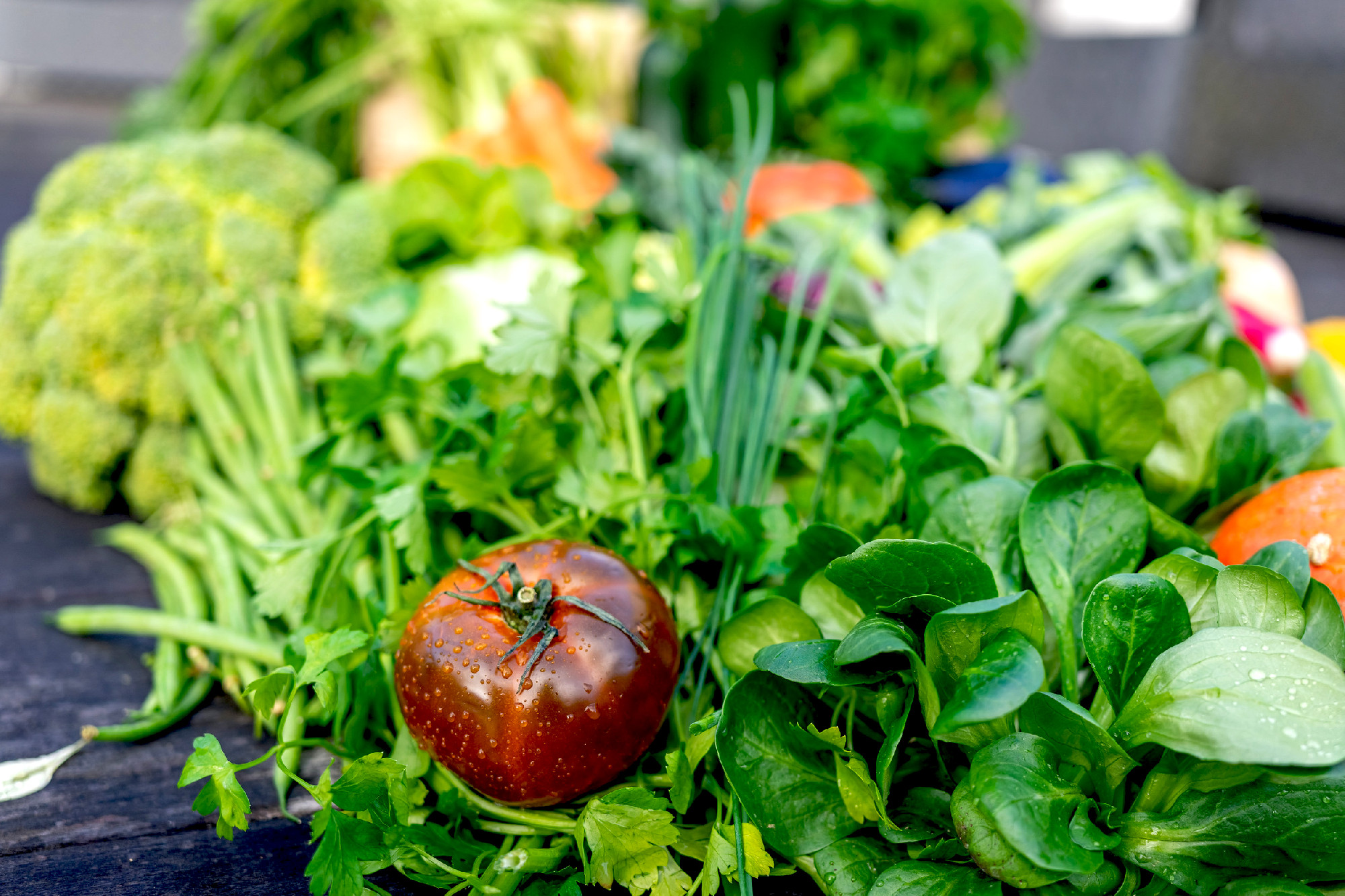 red tomato and other garden vegetables