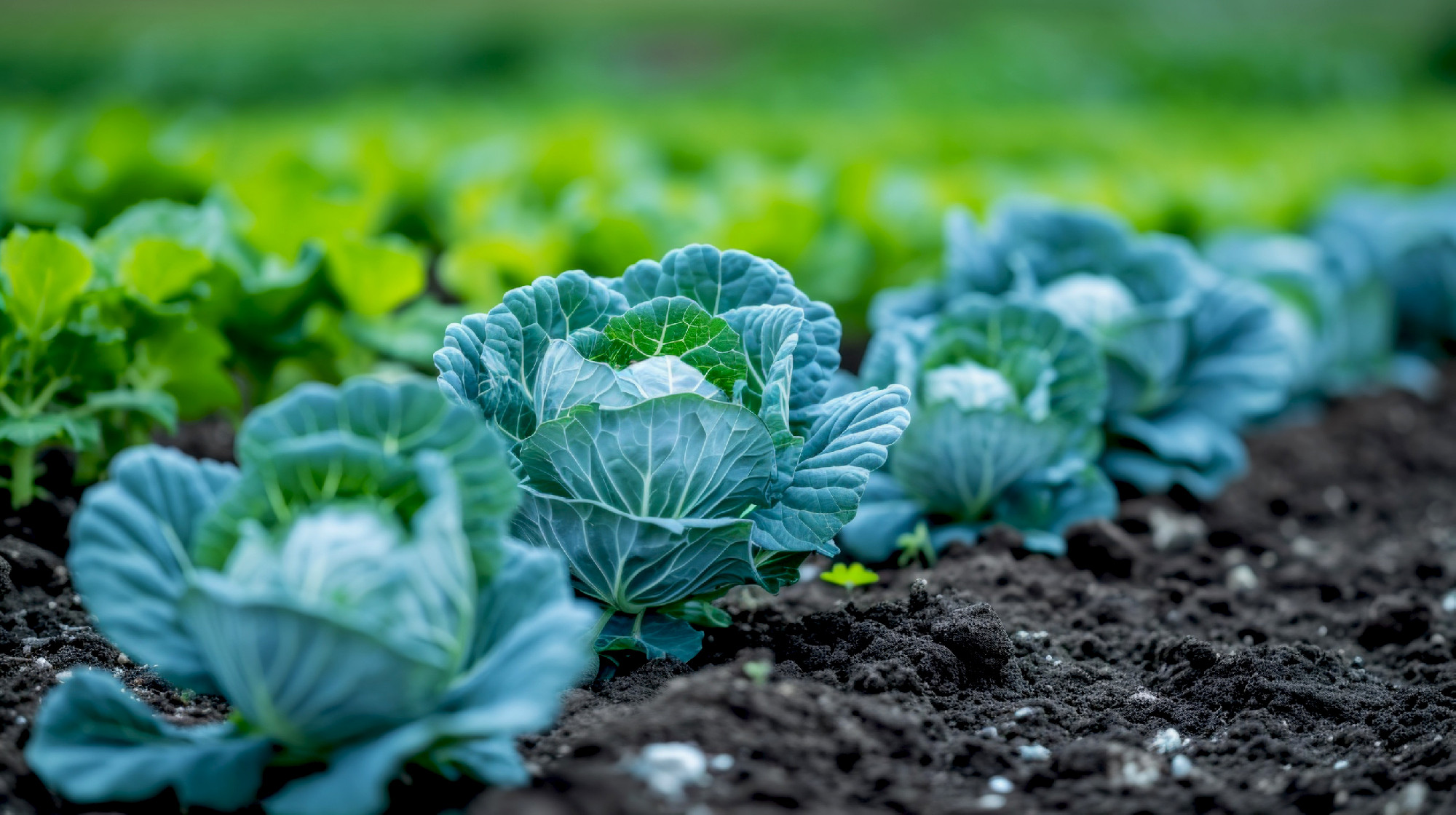 A row of green cabbage plants growing in a field, AI