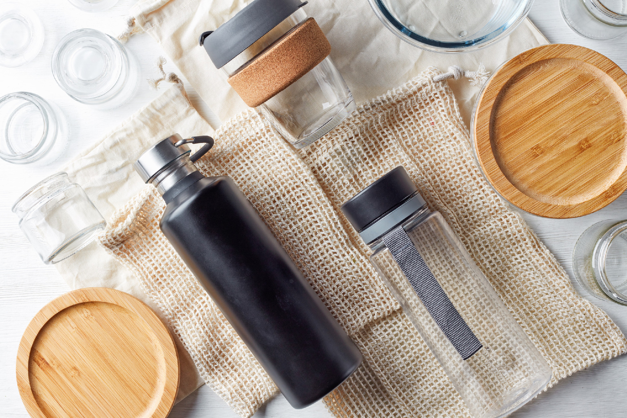 Zero waste concept, water bottles, coffe cup, glass storage cont