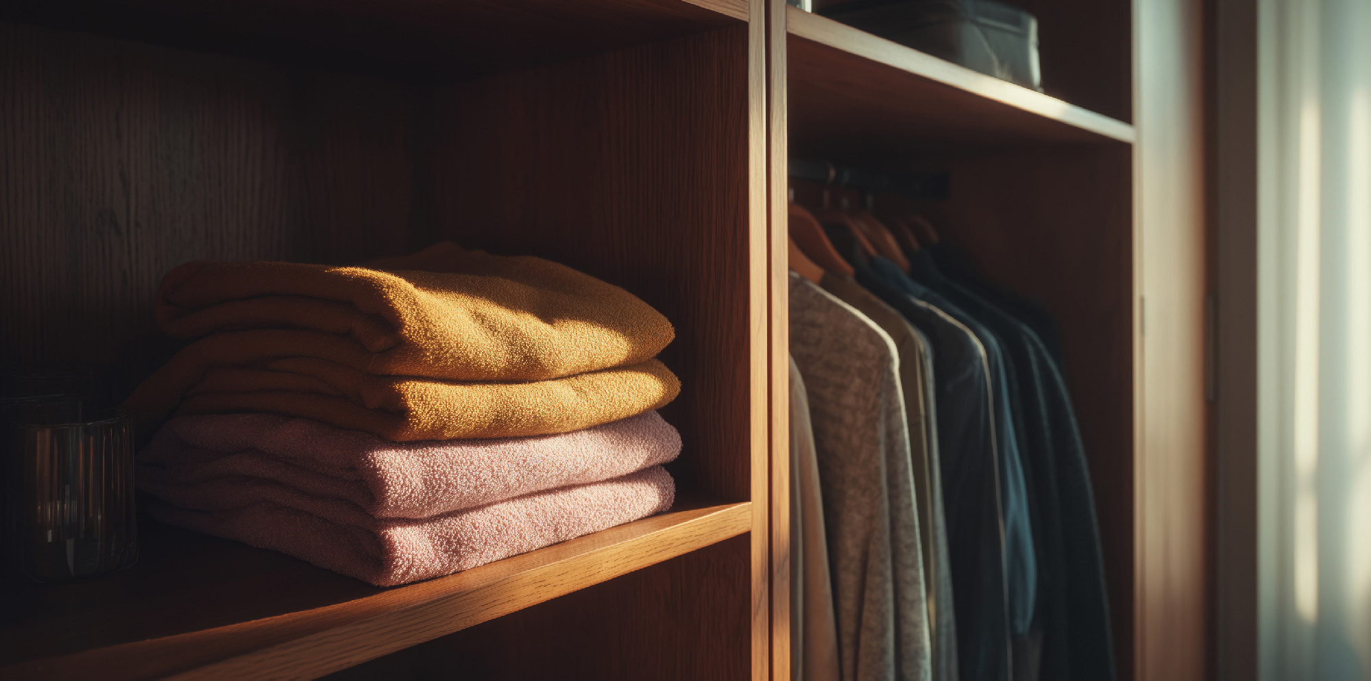 Neat organization of clothing and towels in a tidy wooden wardrobe Generative AI