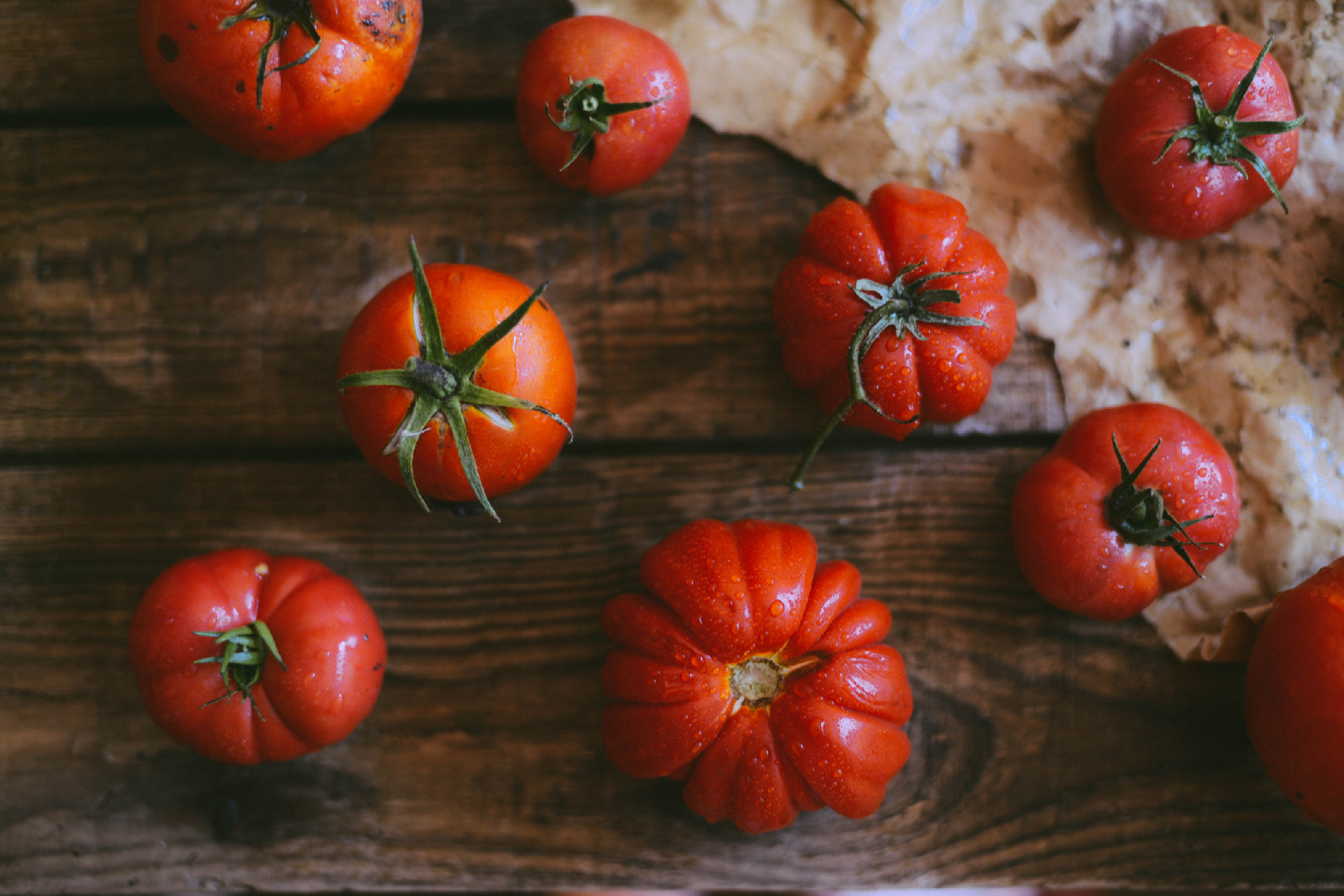 Fresh cherry tomatoes on rustic wooden table, Top view with copy