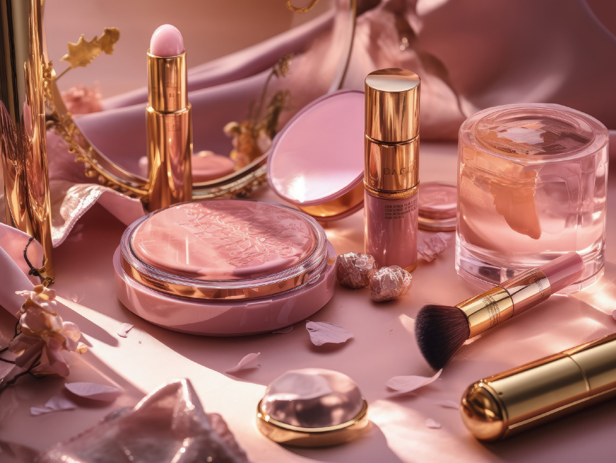 Luxurious pink make up and perfume set on the pink table. Generative AI