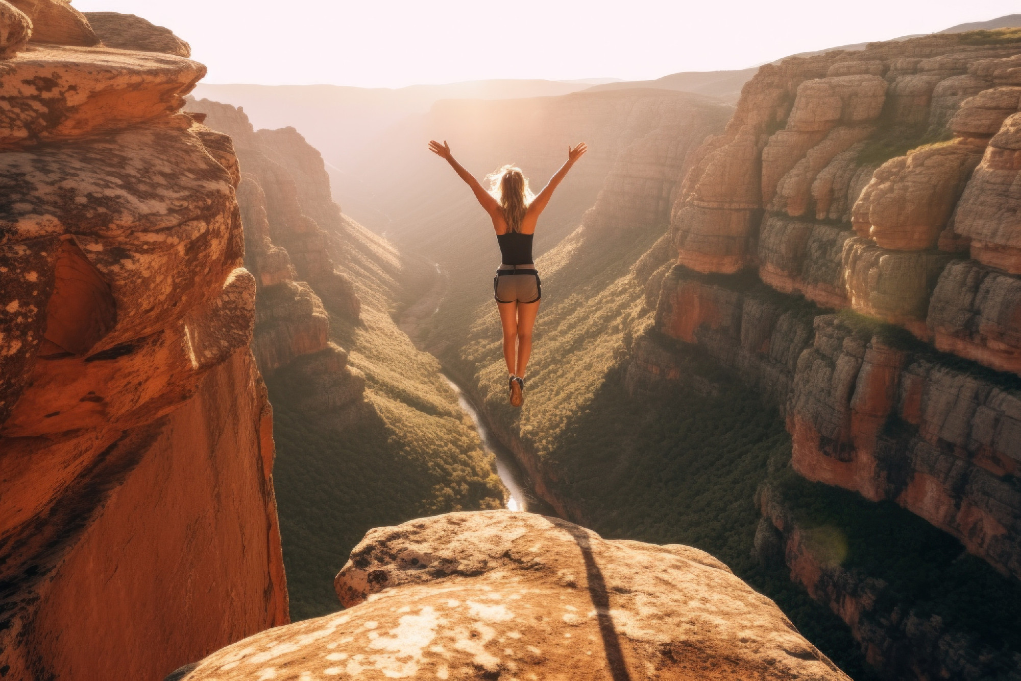 A person standing on a ledge above a canyon. Generative AI image.