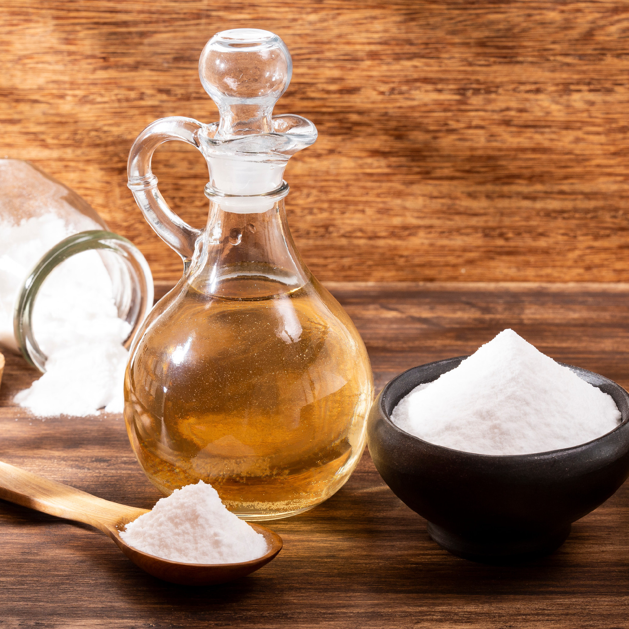 Baking Soda - Sodium Bicarbonate And Vinegar Of Apple, On Wooden Background