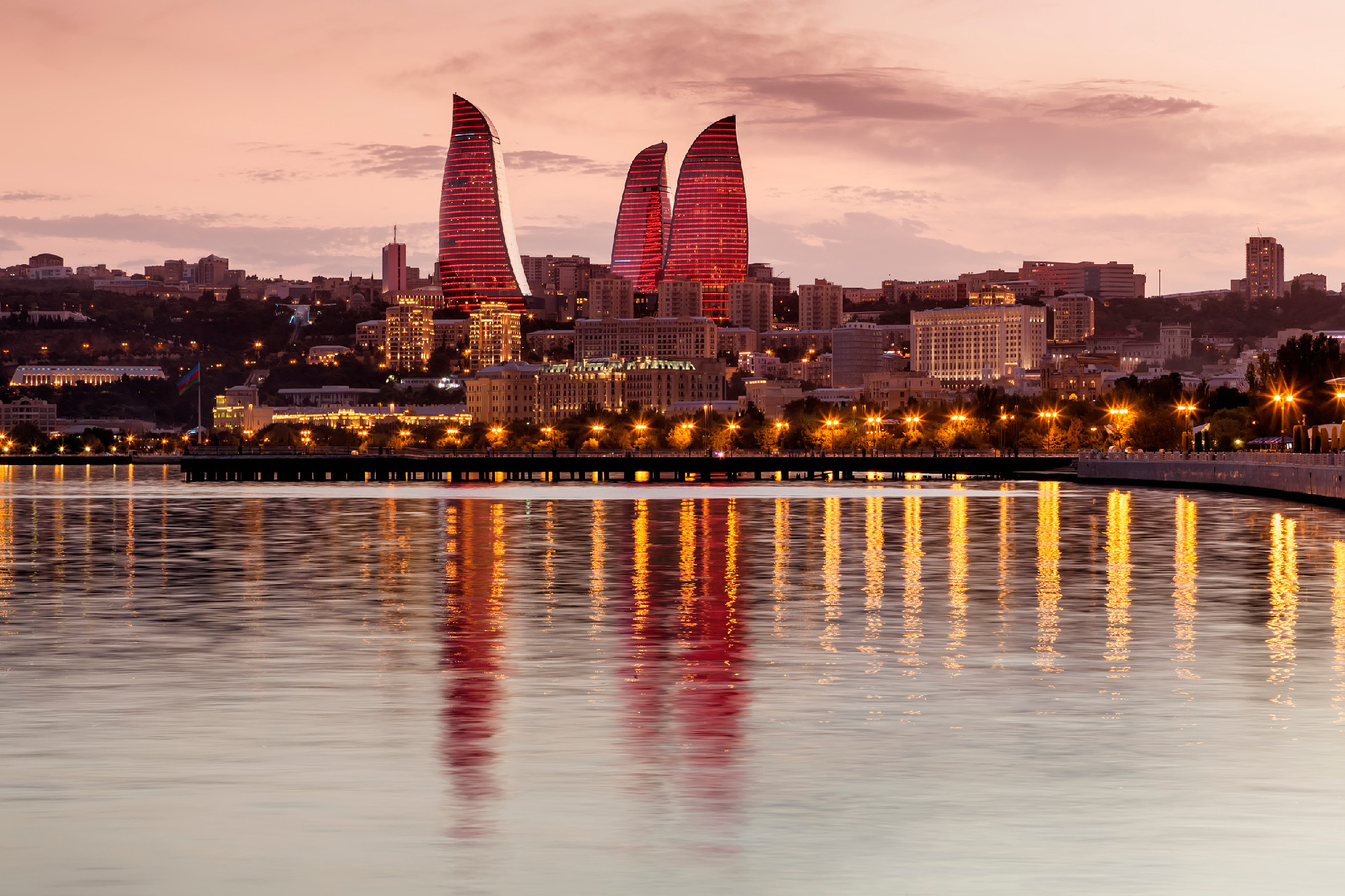 View of the waterfront and the city at night, in Baku, Azerbaija