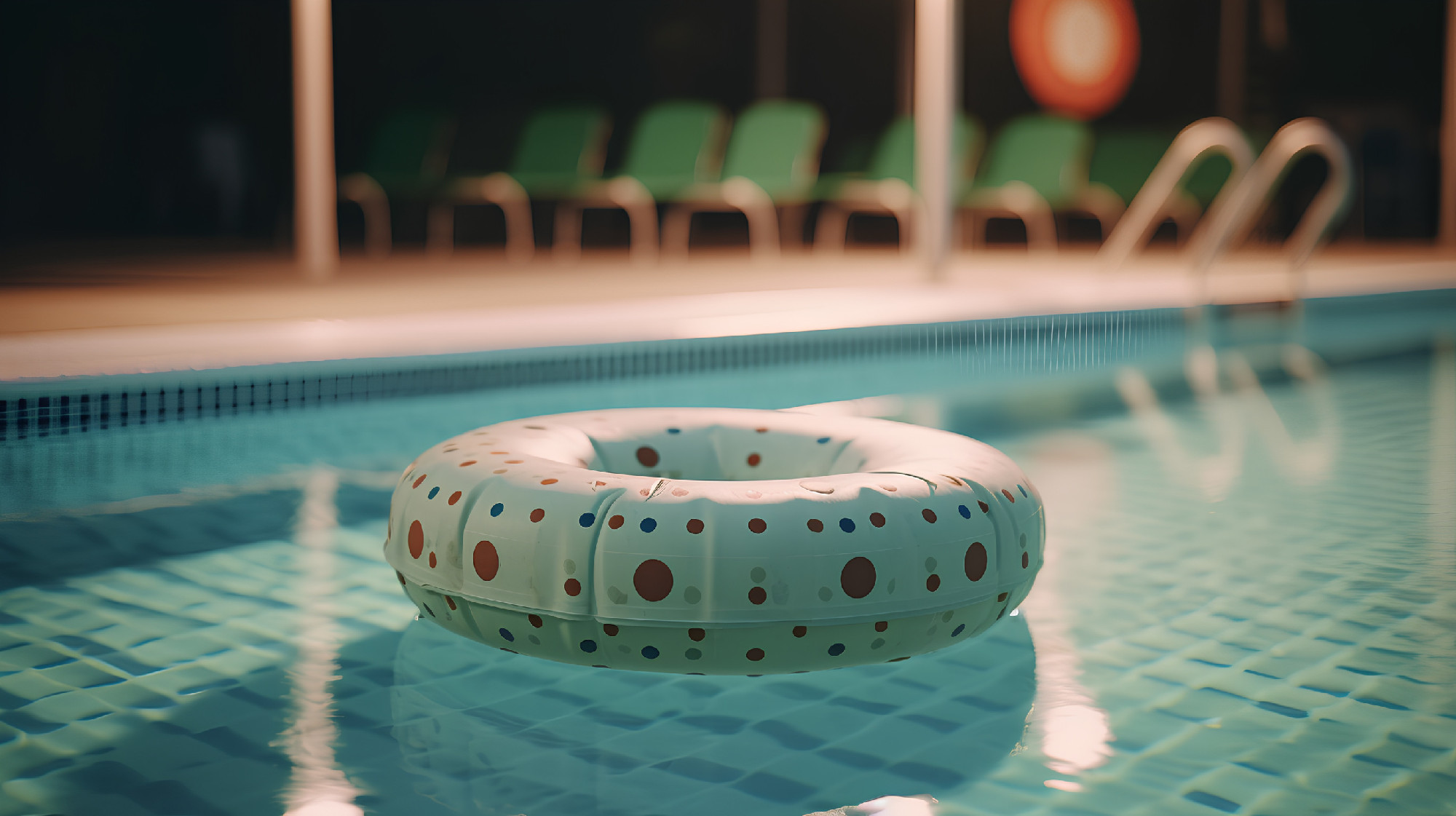 Swimming pool with inflatable ring. Vintage toned image.