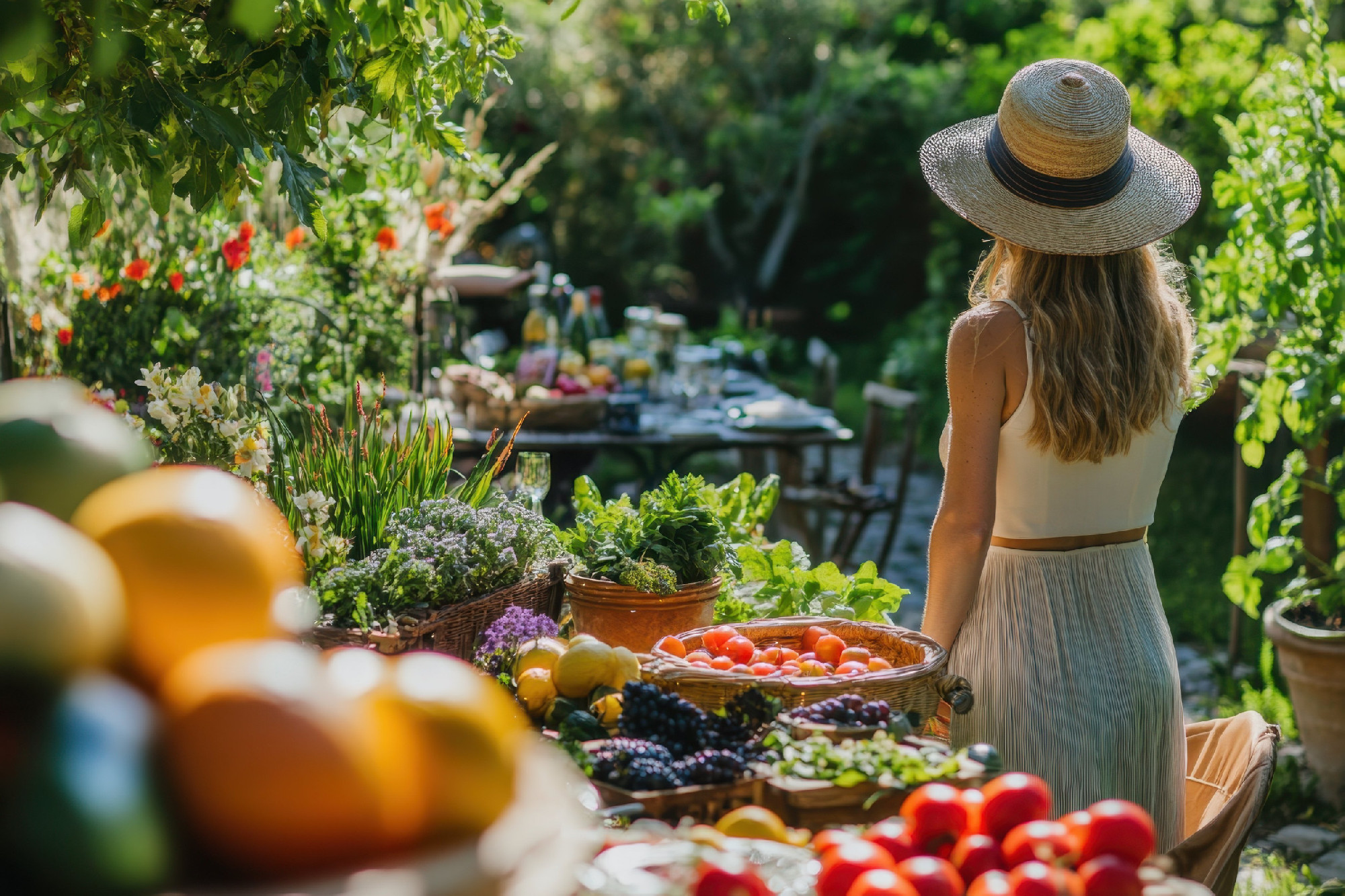 Colorful farmers market offers fresh produce and a vibrant atmosphere in a sunlit garden