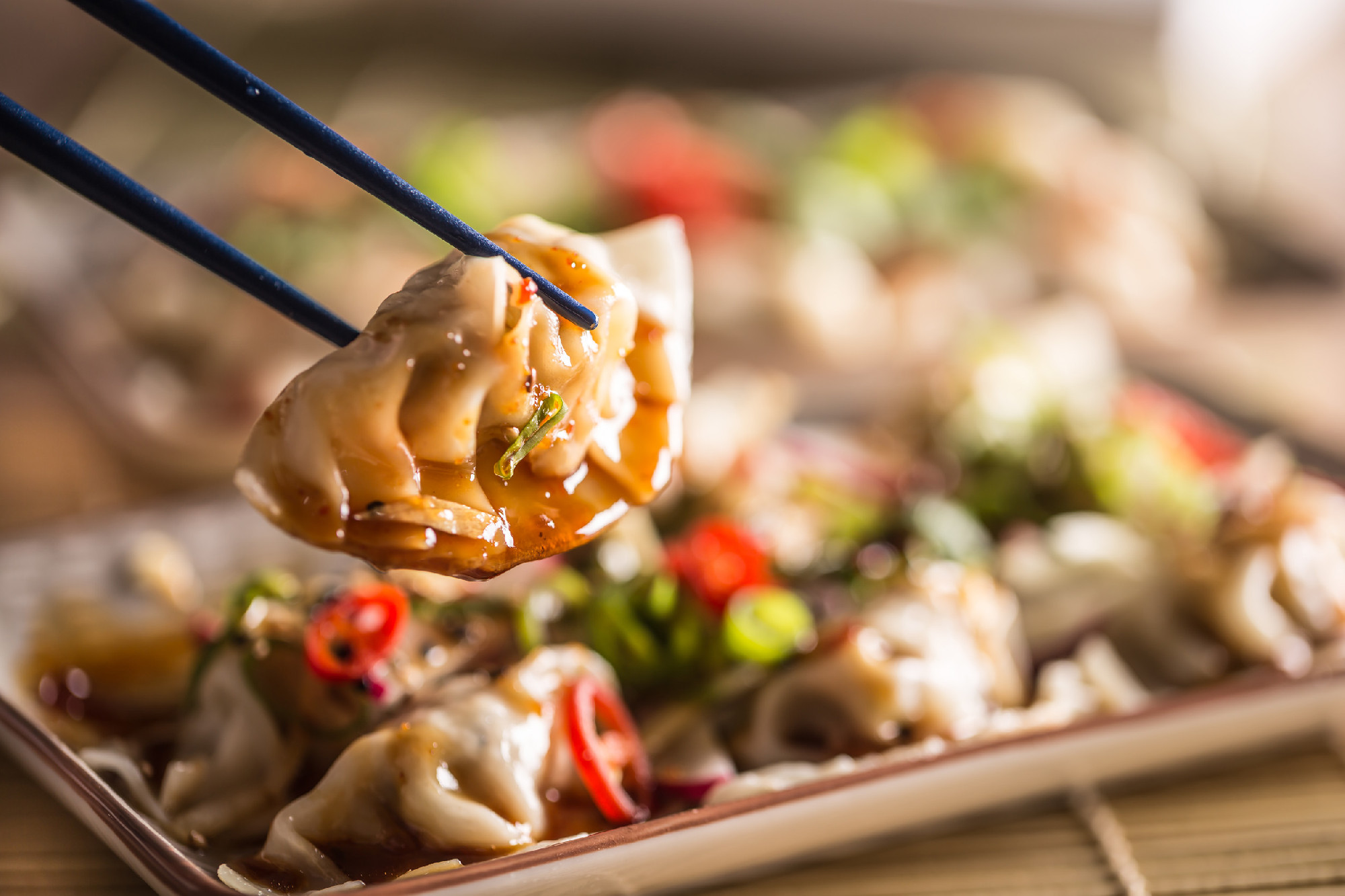 Japanese dumpling Gyoza stuffed chicken meat on sticks - Close u