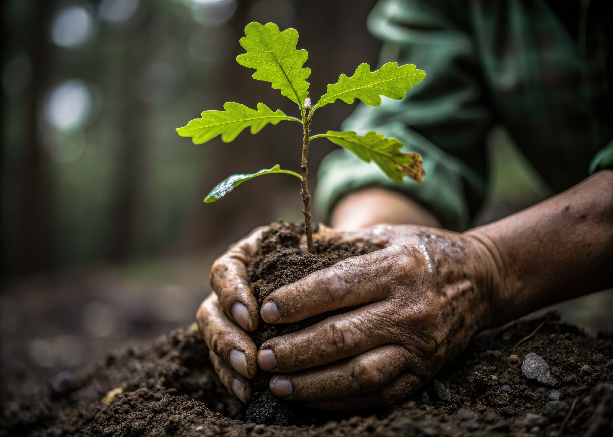 A close-up of hands carefully planting a young oak tree seedling into the earth.