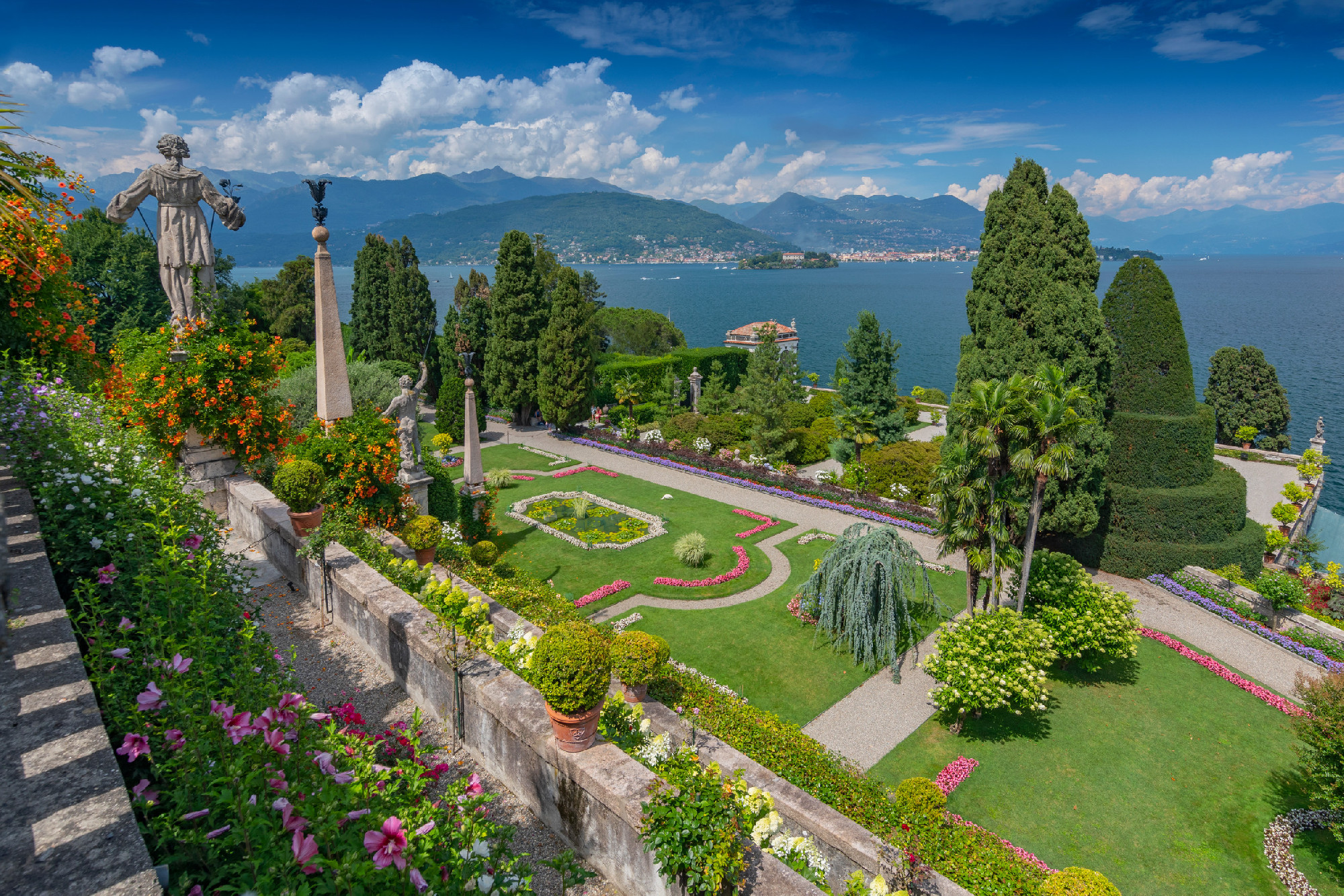 Garden and statues on Isola Bella overlooking Lake Maggiore, Ita