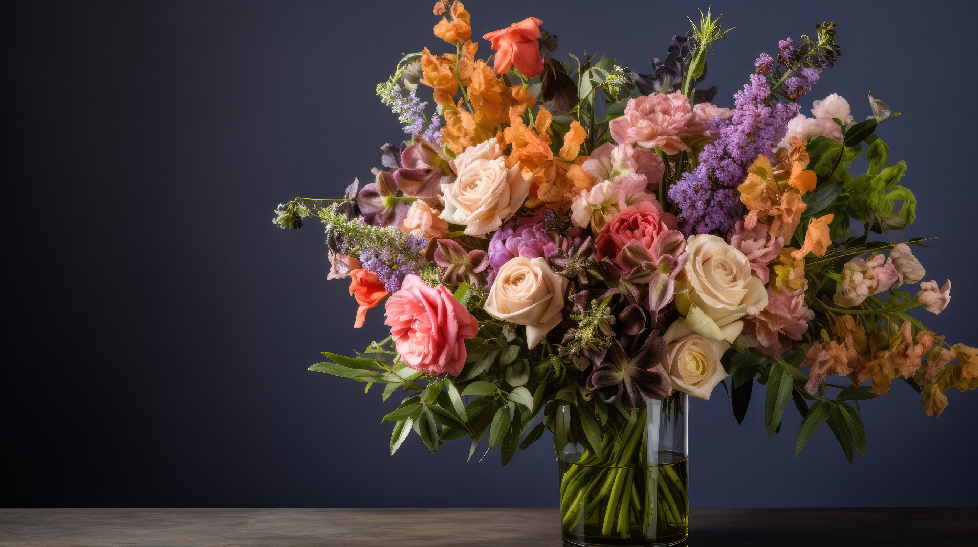 bouquet of fresh flowers with beautiful colors in vase. Banner or background image with beautiful color and flower details